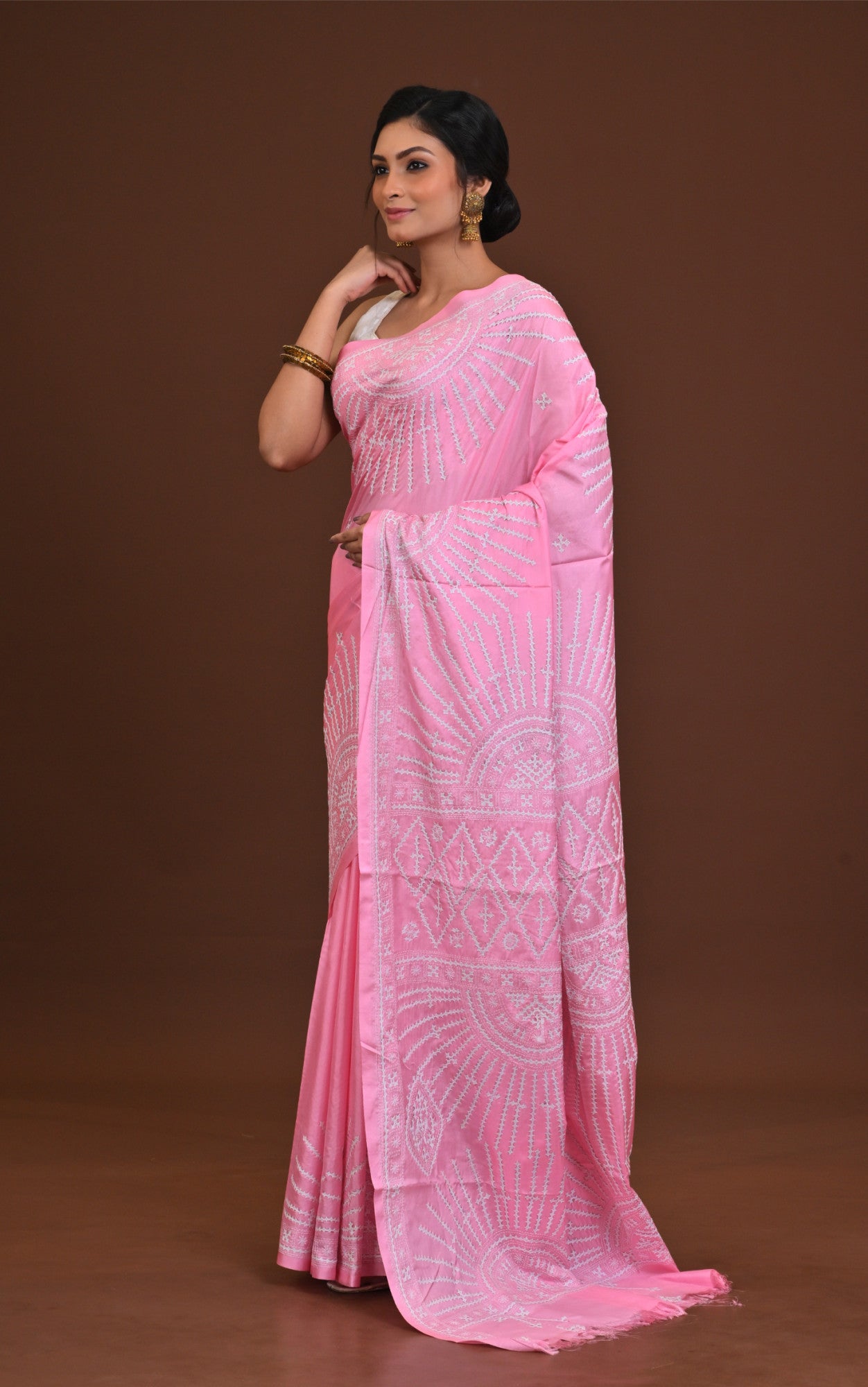 Blended Silk Kantha Stitch Saree Pink Thumbnail