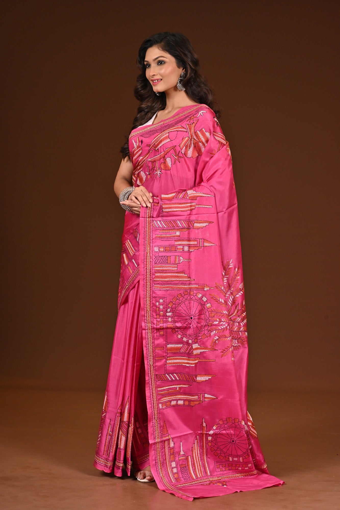 Blended Silk Kantha Stitch Saree Pink Thumbnail