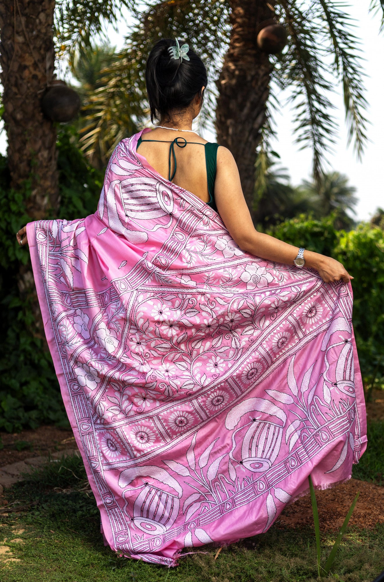 Blended Silk Kantha Stitch Saree Pink Thumbnail