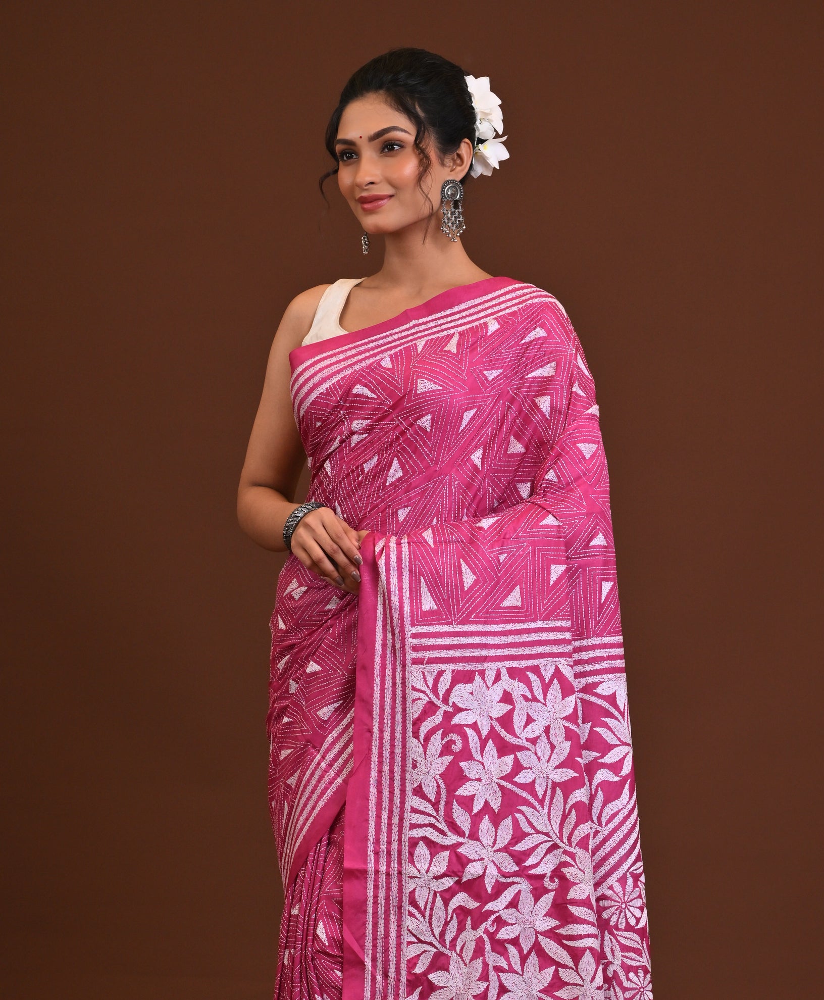 Blended Silk Kantha Stitch Saree Pink Thumbnail