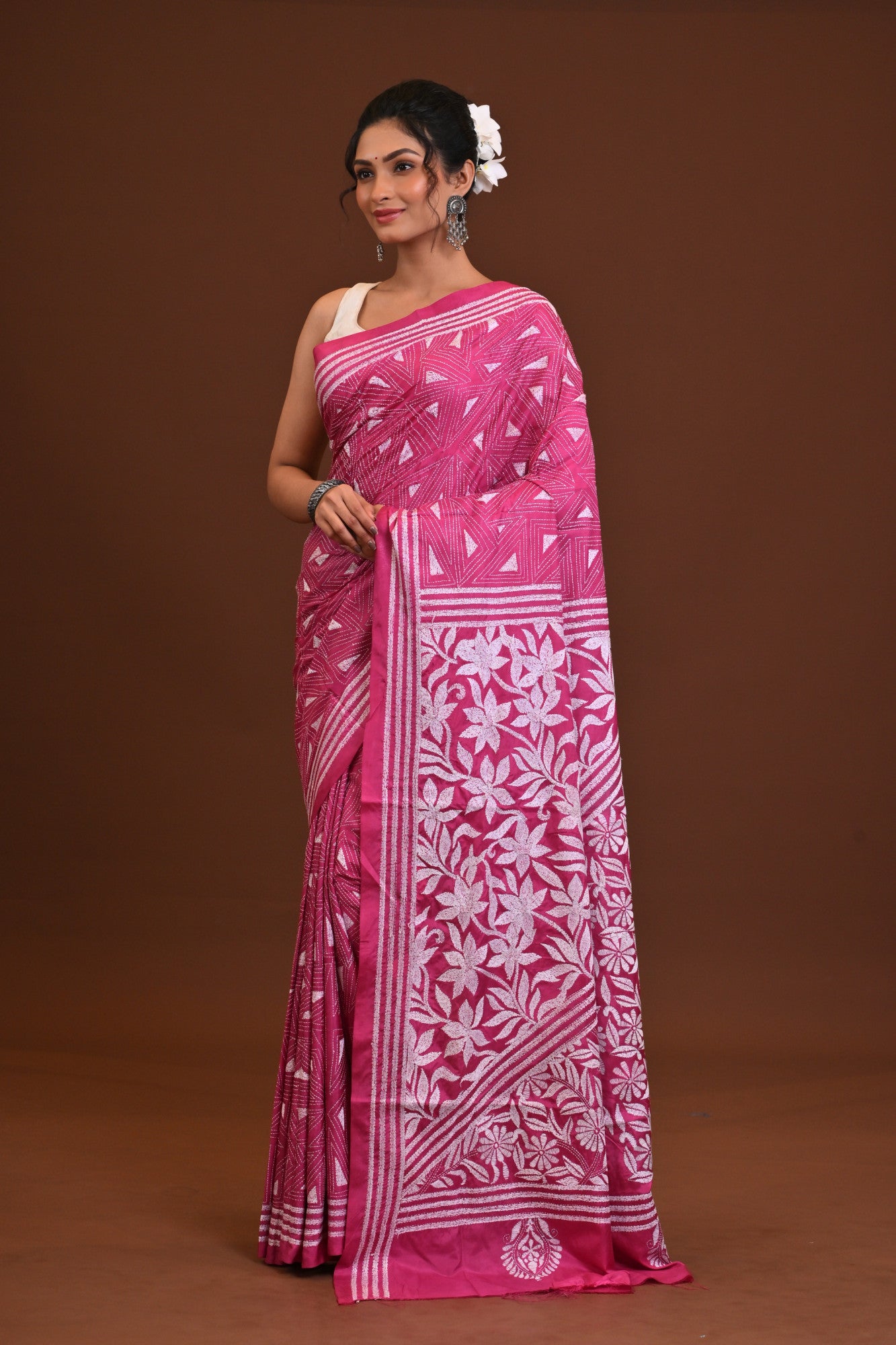 Blended Silk Kantha Stitch Saree Pink Thumbnail