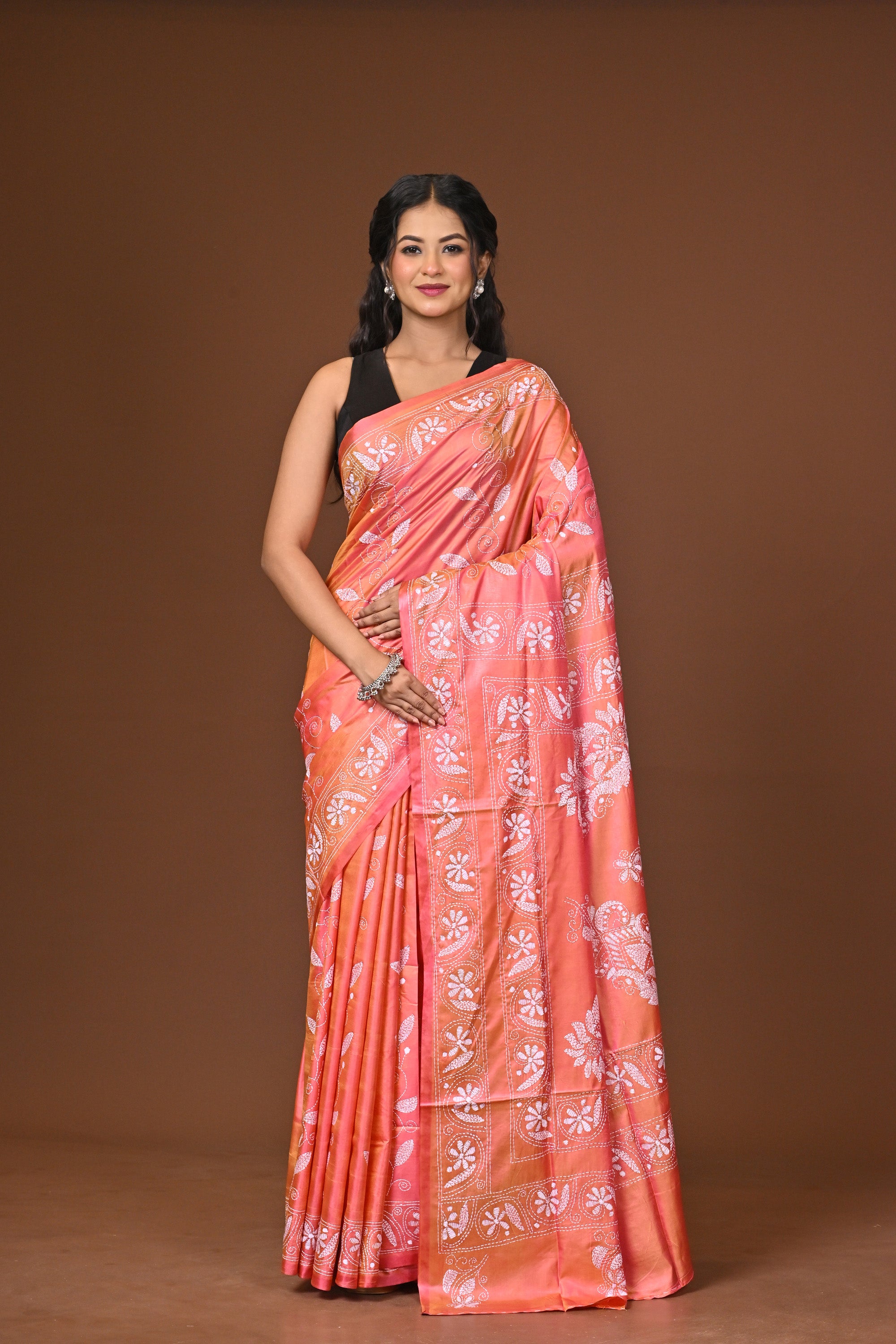 Blended Silk Kantha Stitch Saree Pink Thumbnail