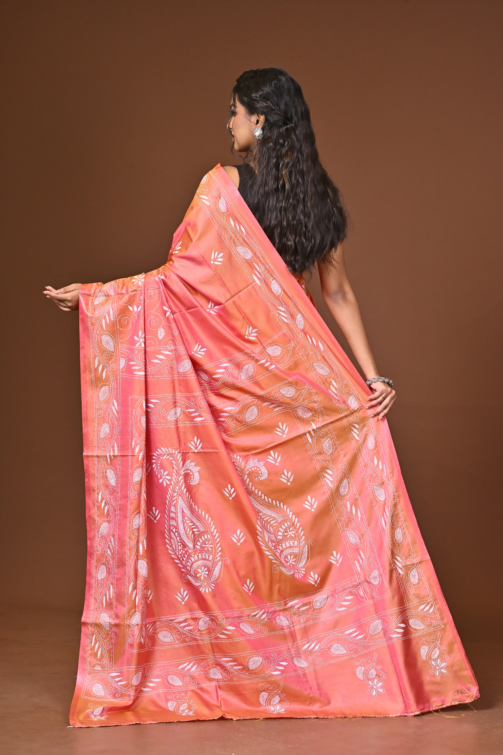 Blended Silk Kantha Stitch Saree Pink Thumbnail