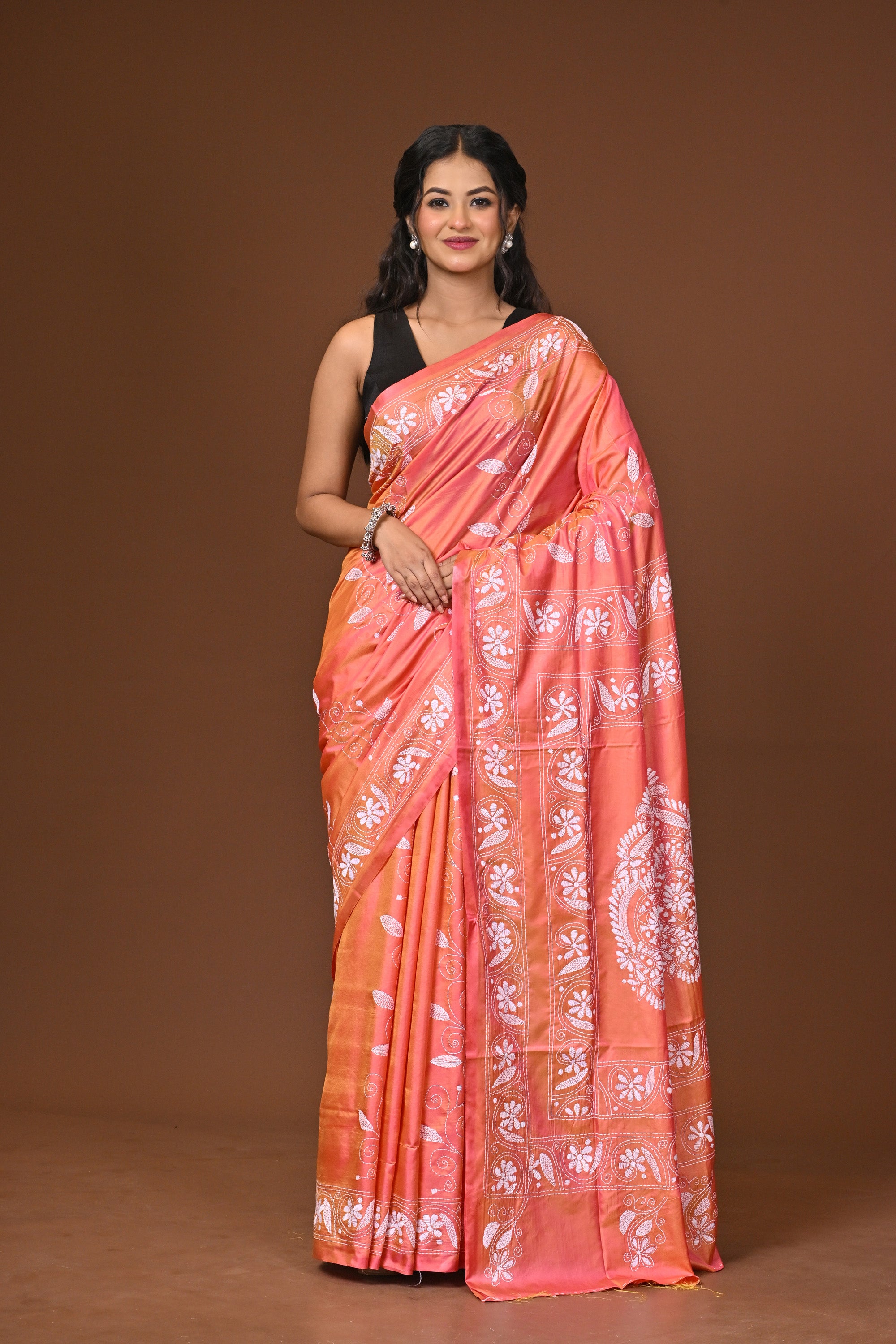Blended Silk Kantha Stitch Saree Pink