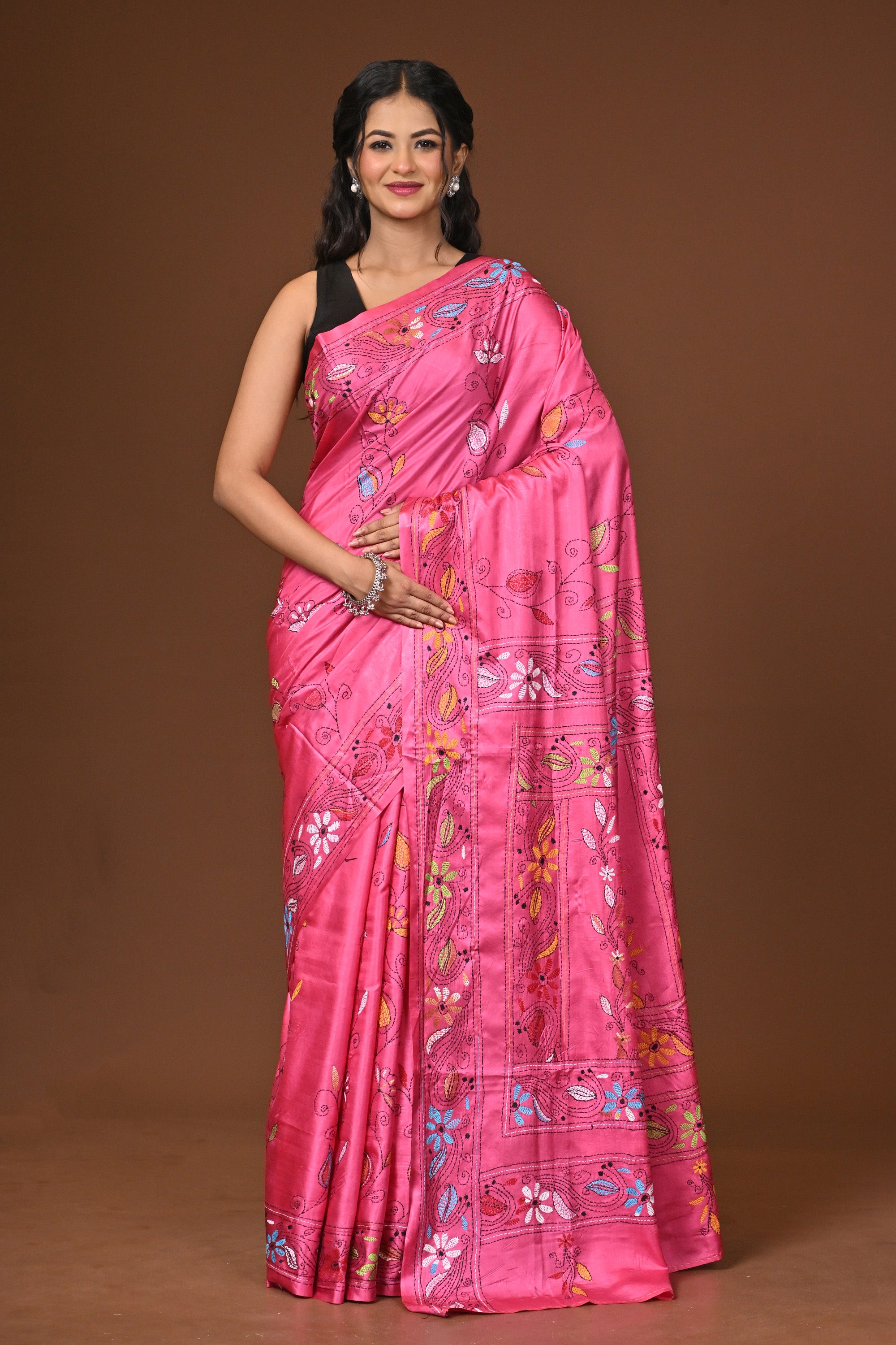 Blended Silk Kantha Stitch Saree Pink