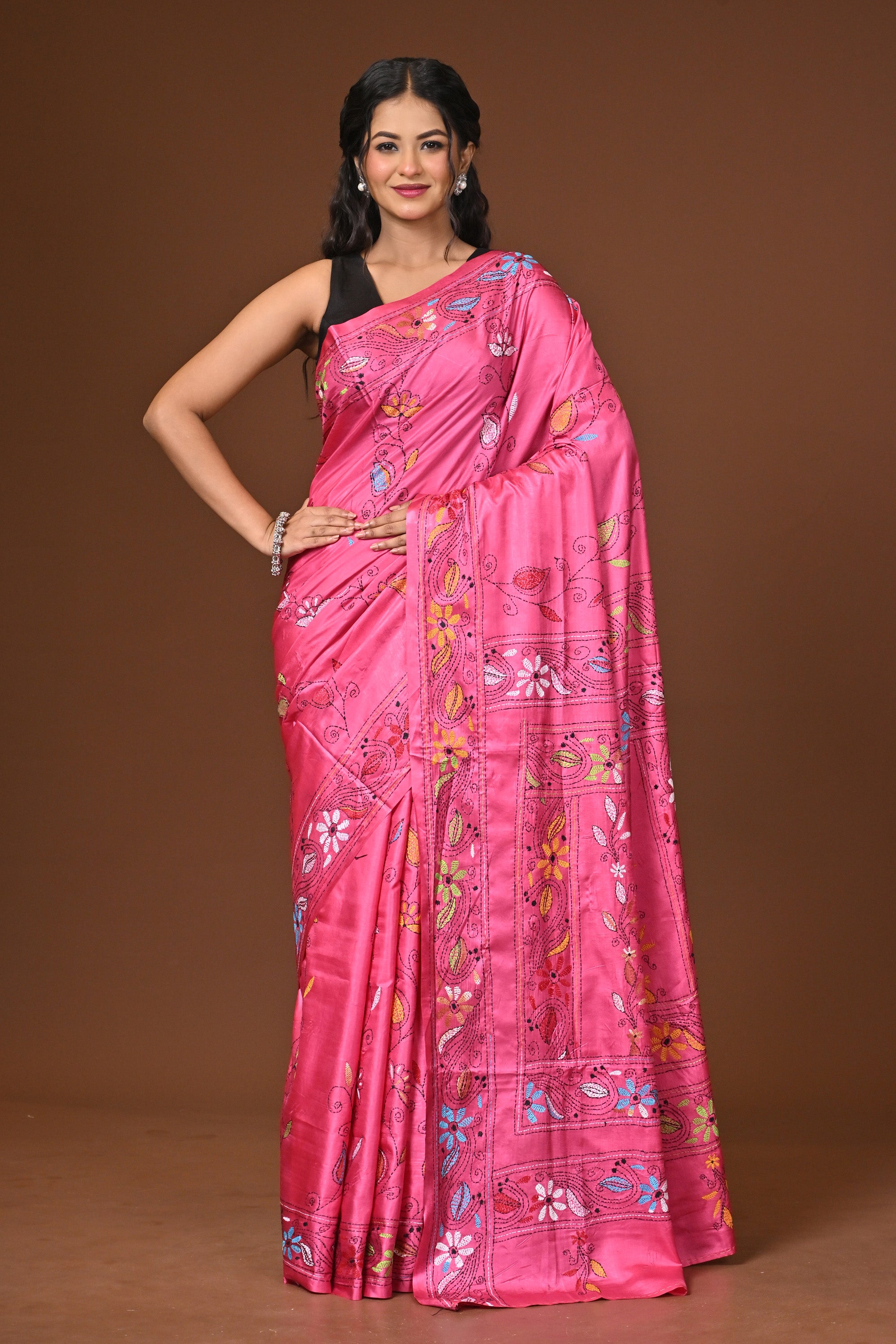 Blended Silk Kantha Stitch Saree Pink Thumbnail