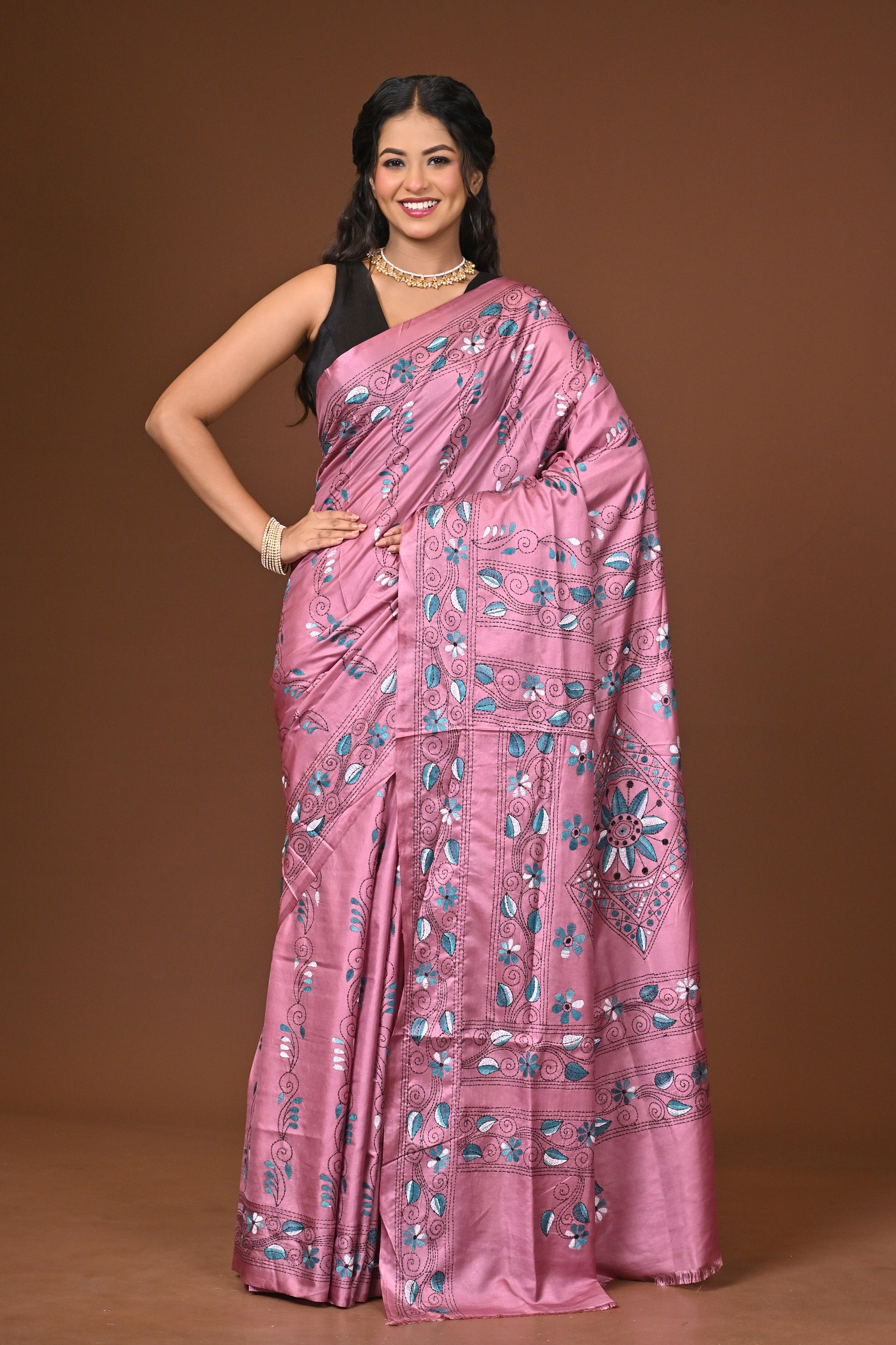 Blended Silk Kantha Stitch Saree Pink Thumbnail