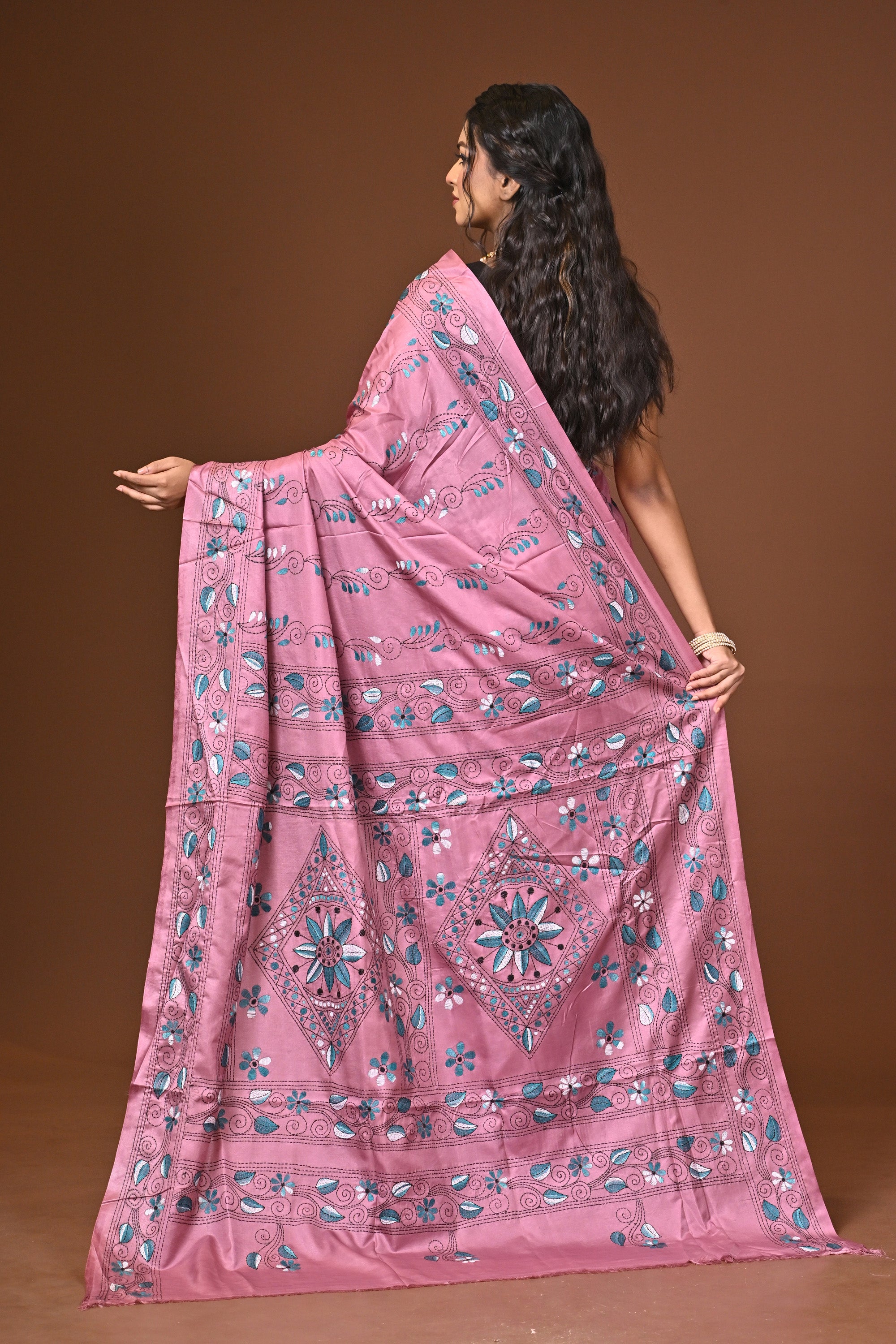 Blended Silk Kantha Stitch Saree Pink Thumbnail
