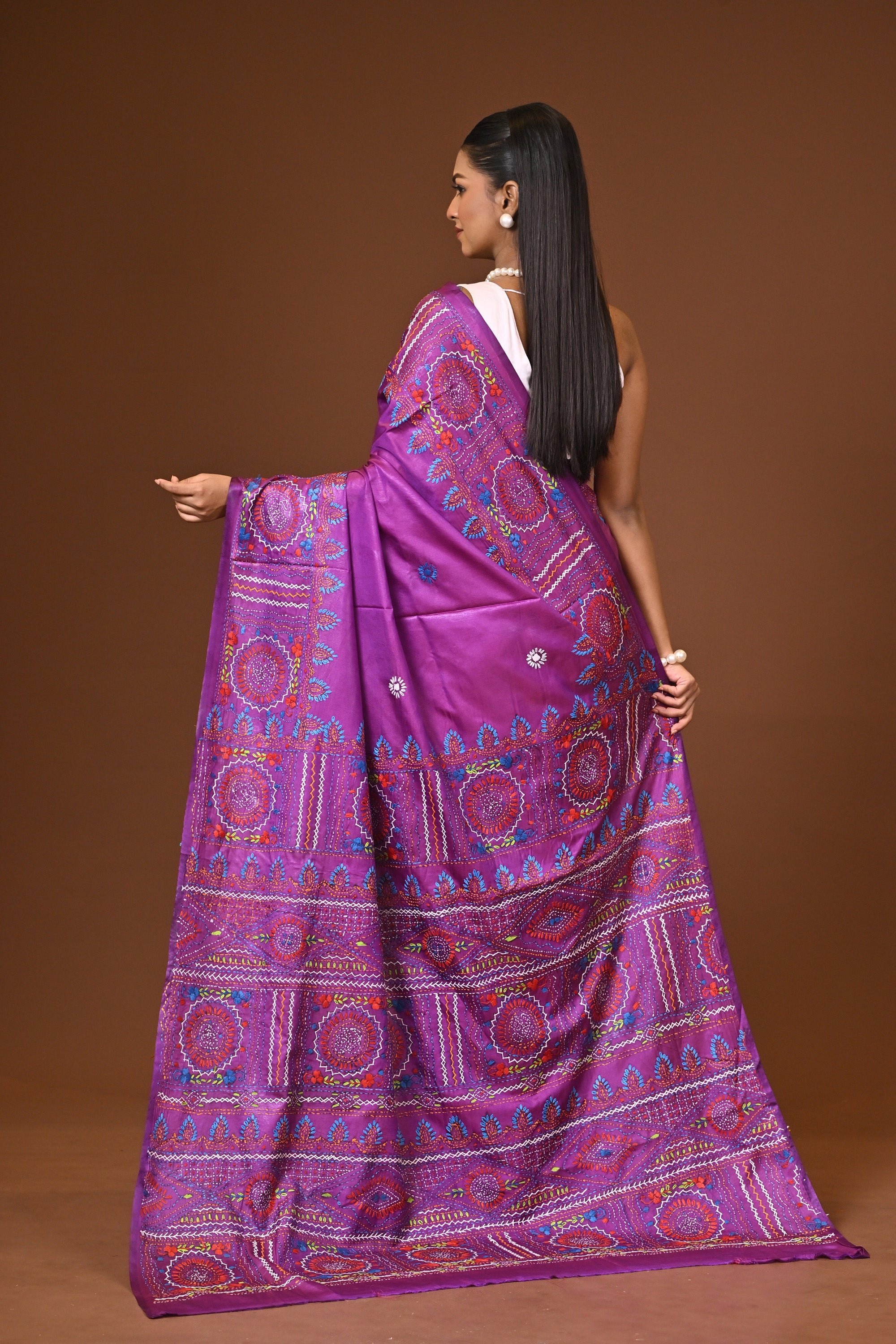 Blended Silk Kantha Stitch Saree Purple Thumbnail
