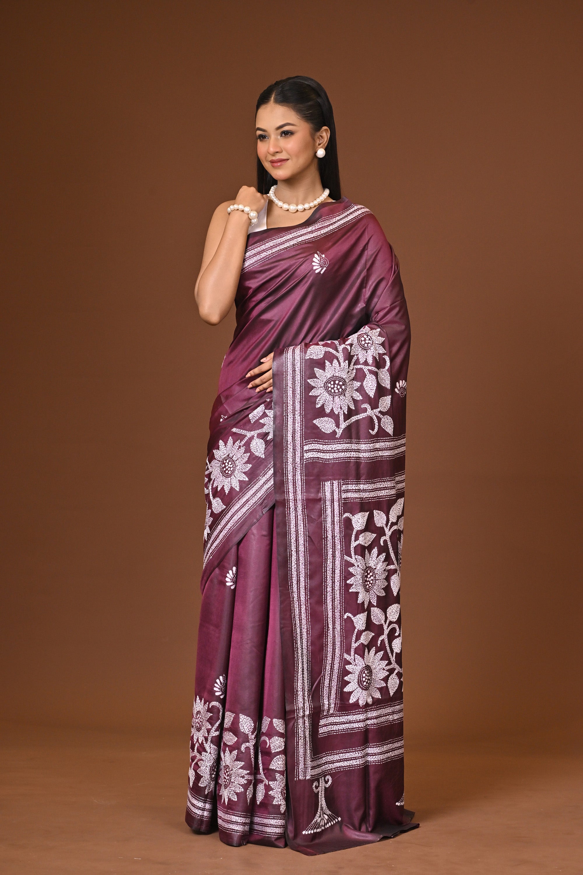 Blended Silk Kantha Stitch Saree Purple Thumbnail