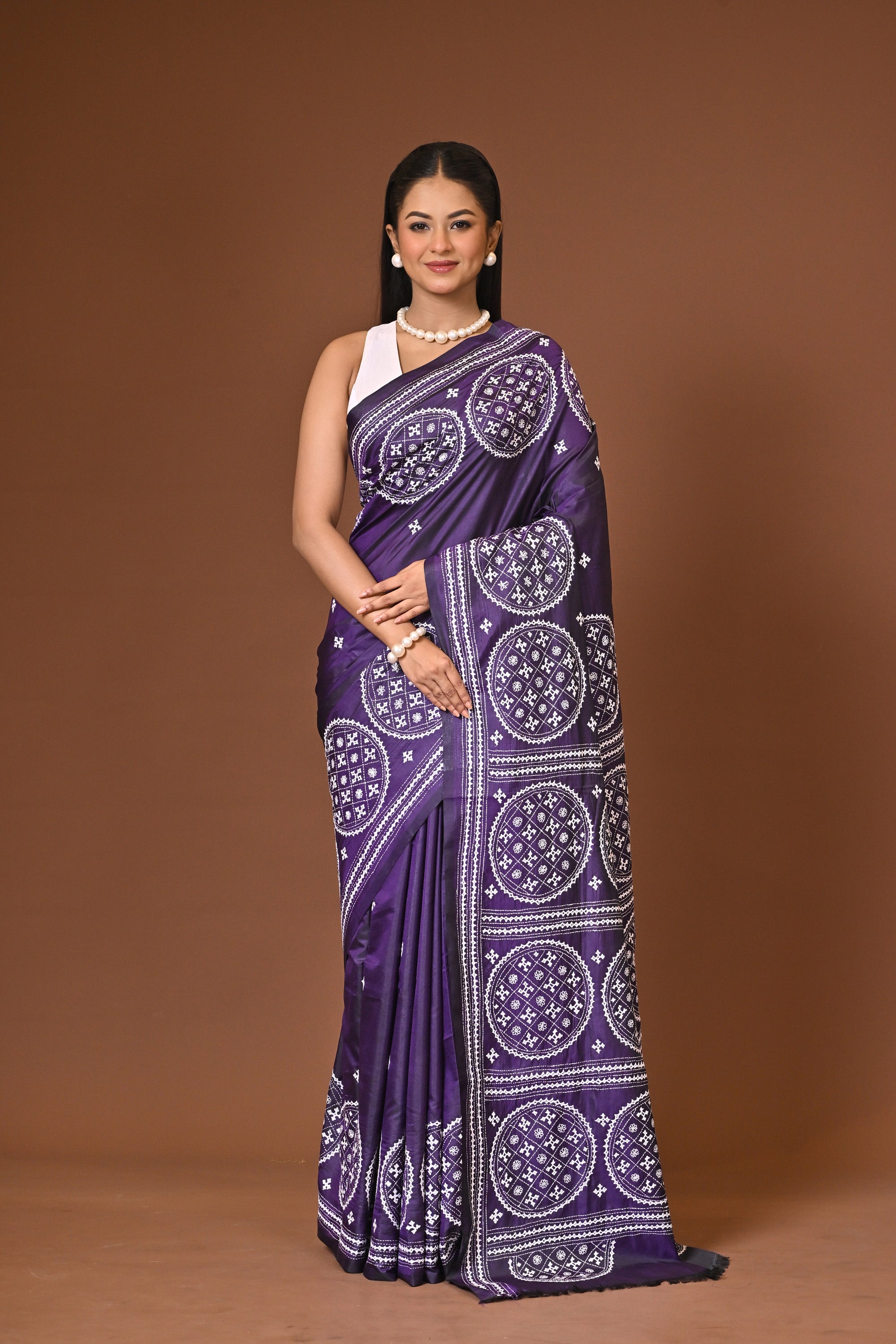Blended Silk Kantha Stitch Saree Purple Thumbnail