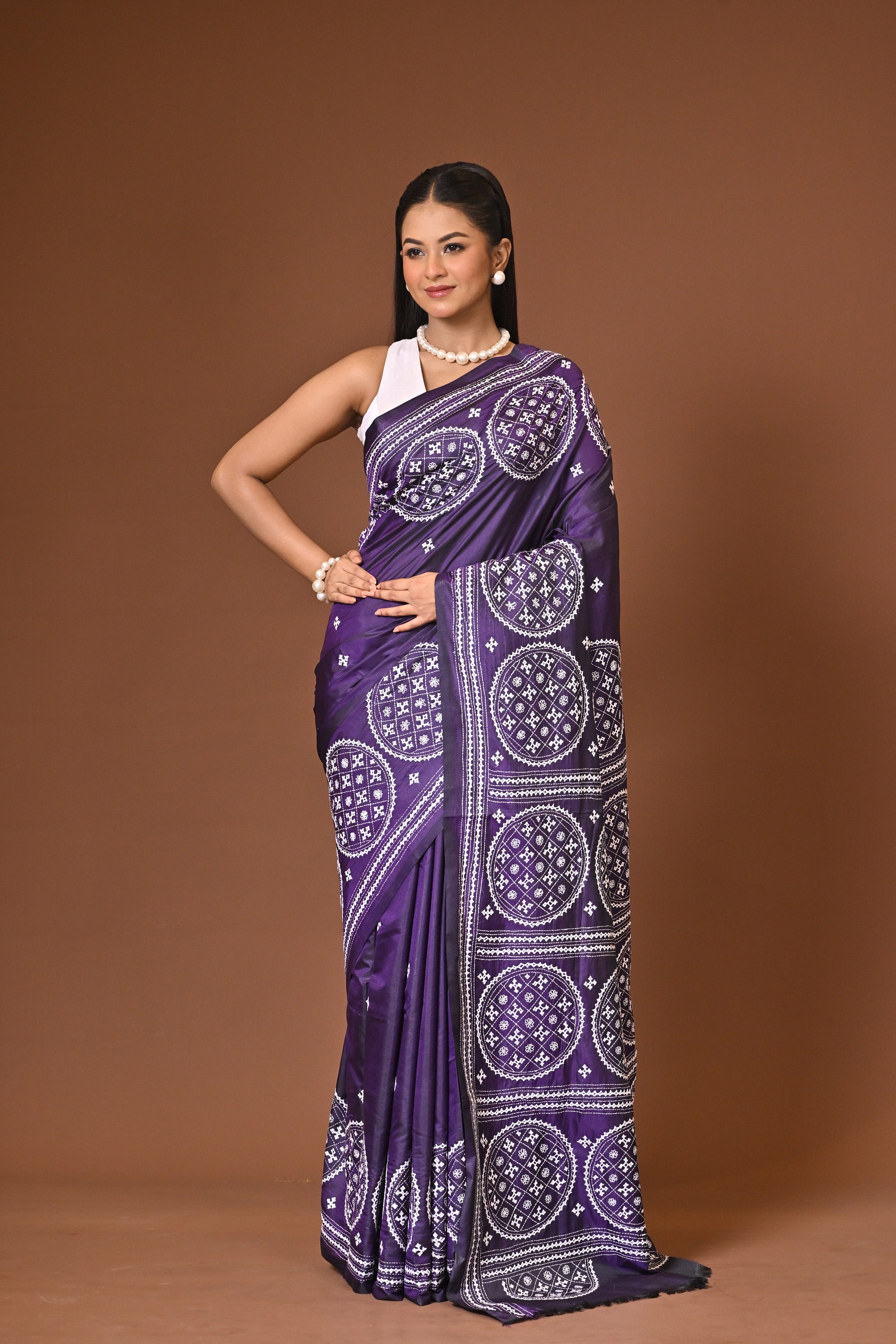 Blended Silk Kantha Stitch Saree Purple Thumbnail