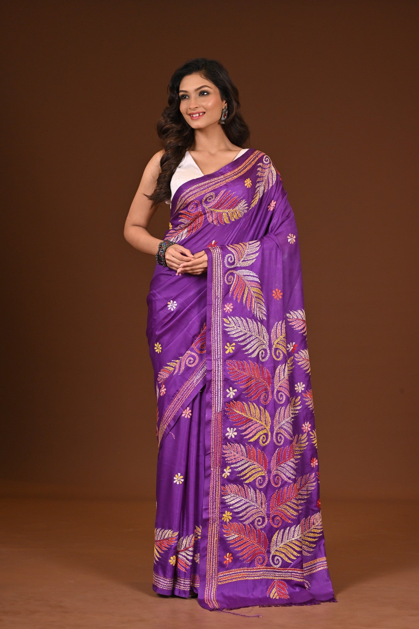Blended Silk Kantha Stitch Saree Purple Thumbnail