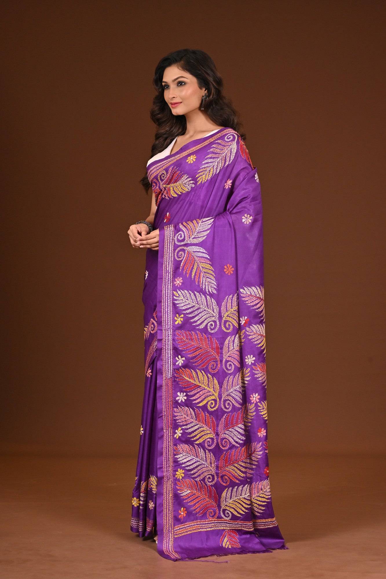Blended Silk Kantha Stitch Saree Purple Thumbnail