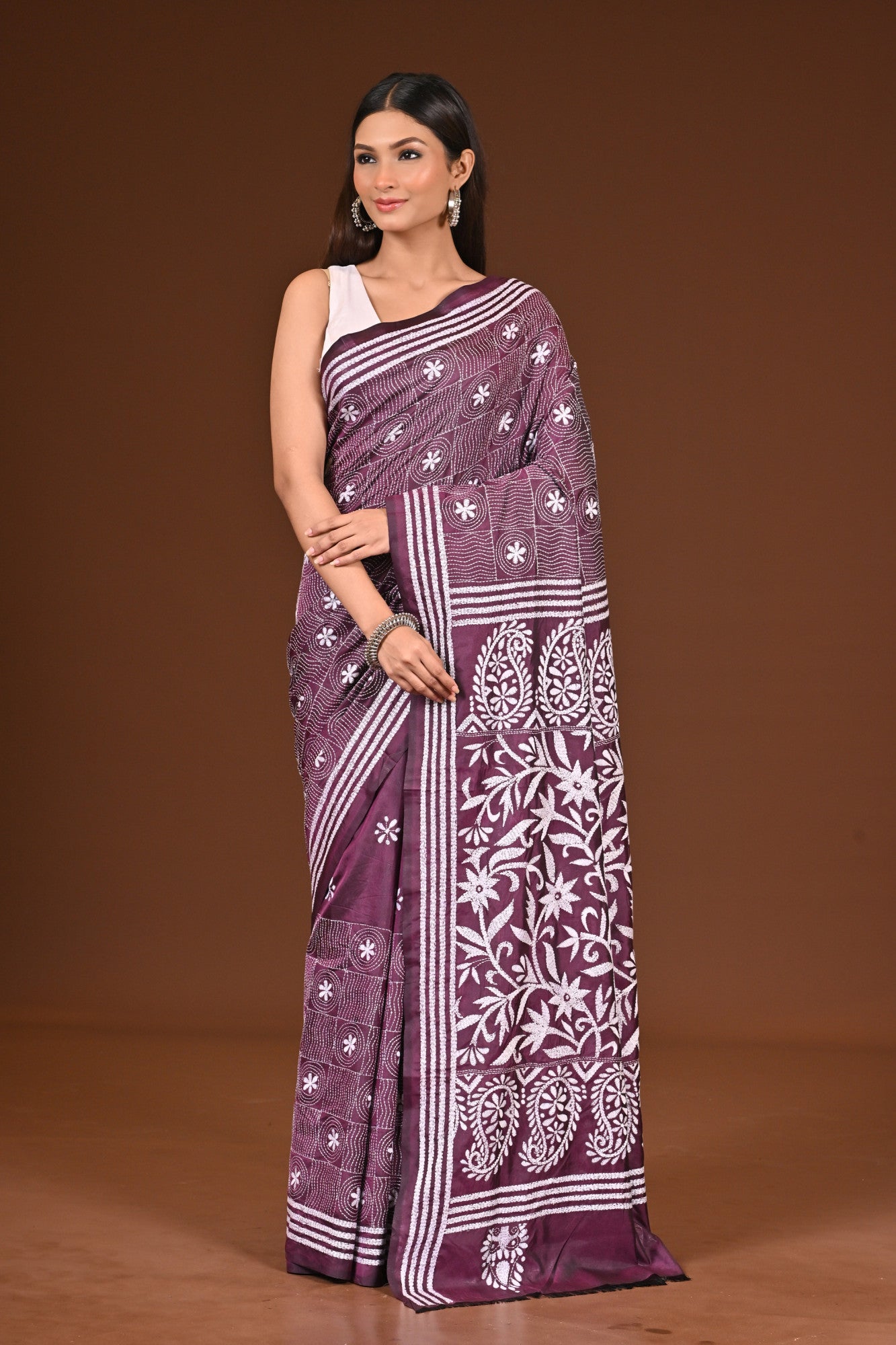 Blended Silk Kantha Stitch Saree Purple Thumbnail