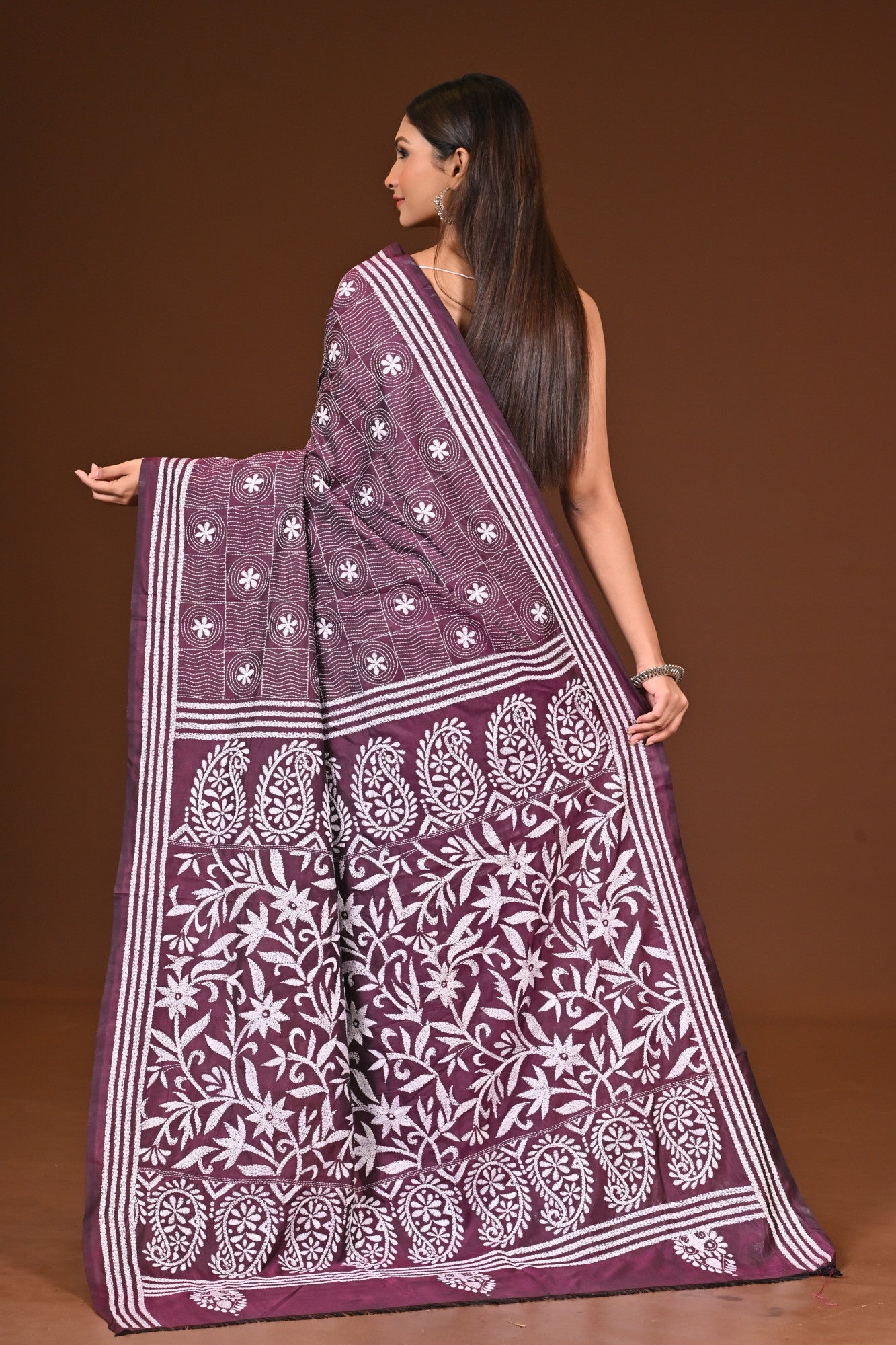 Blended Silk Kantha Stitch Saree Purple Thumbnail