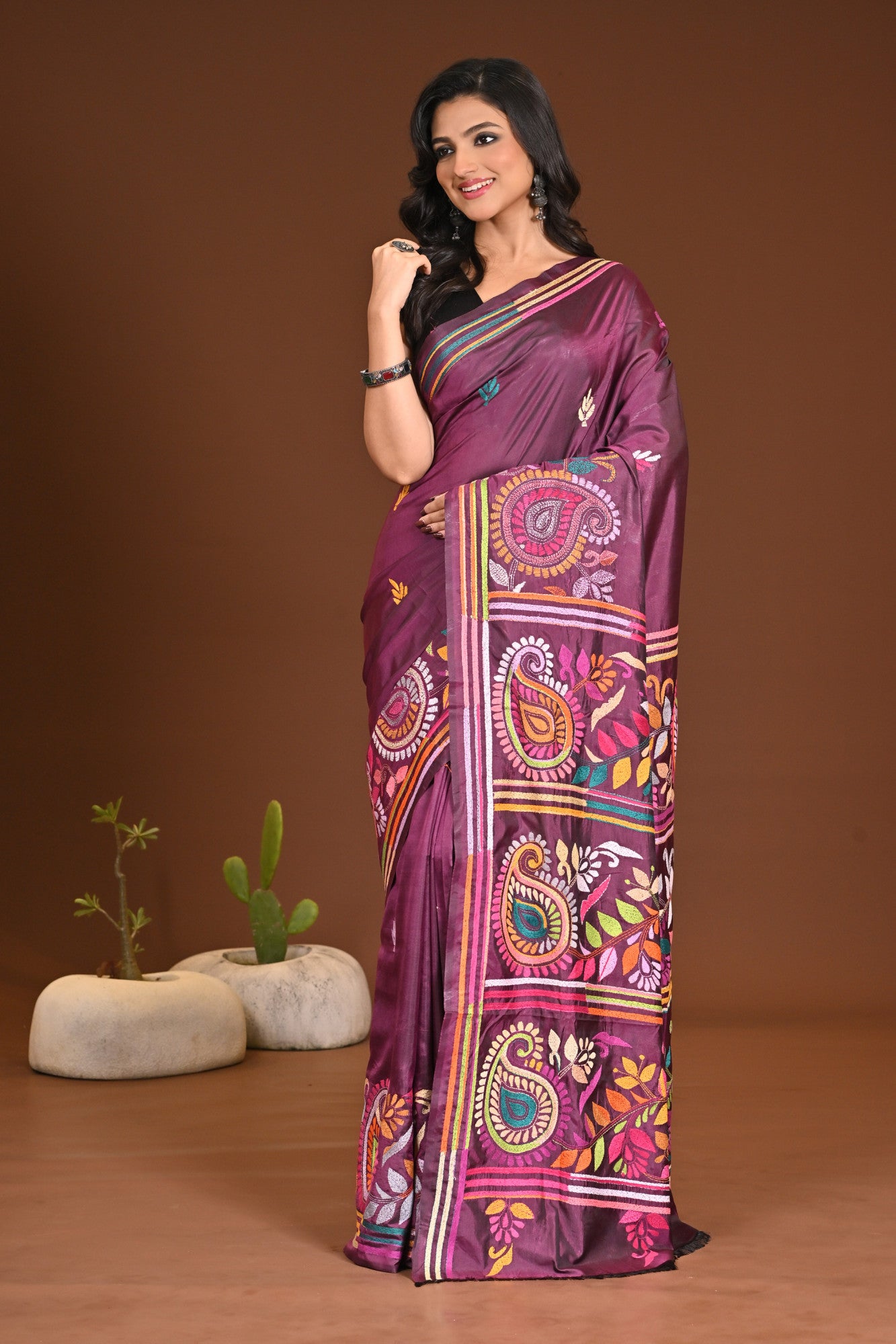 Blended Silk Kantha Stitch Saree Purple Thumbnail