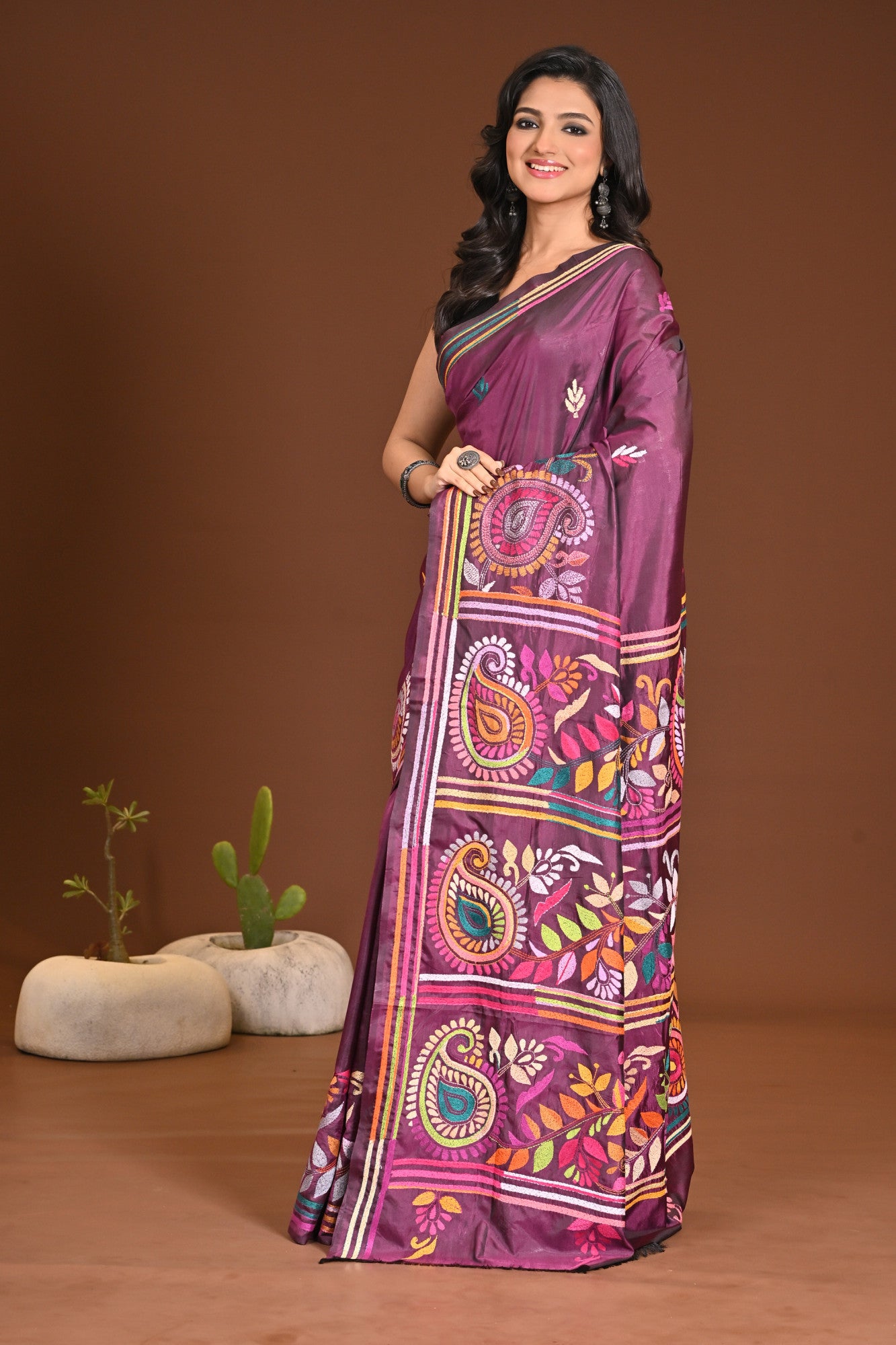 Blended Silk Kantha Stitch Saree Purple Thumbnail