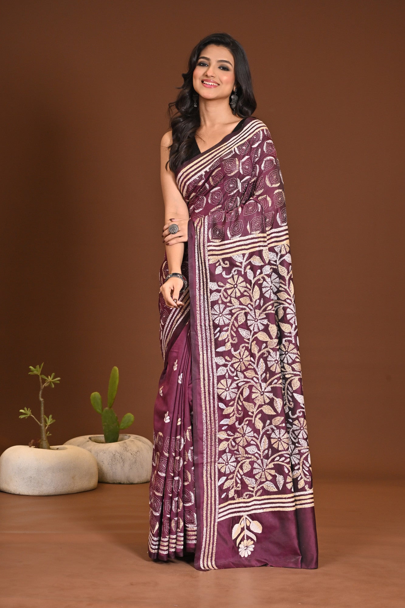 Blended Silk Kantha Stitch Saree Purple Thumbnail