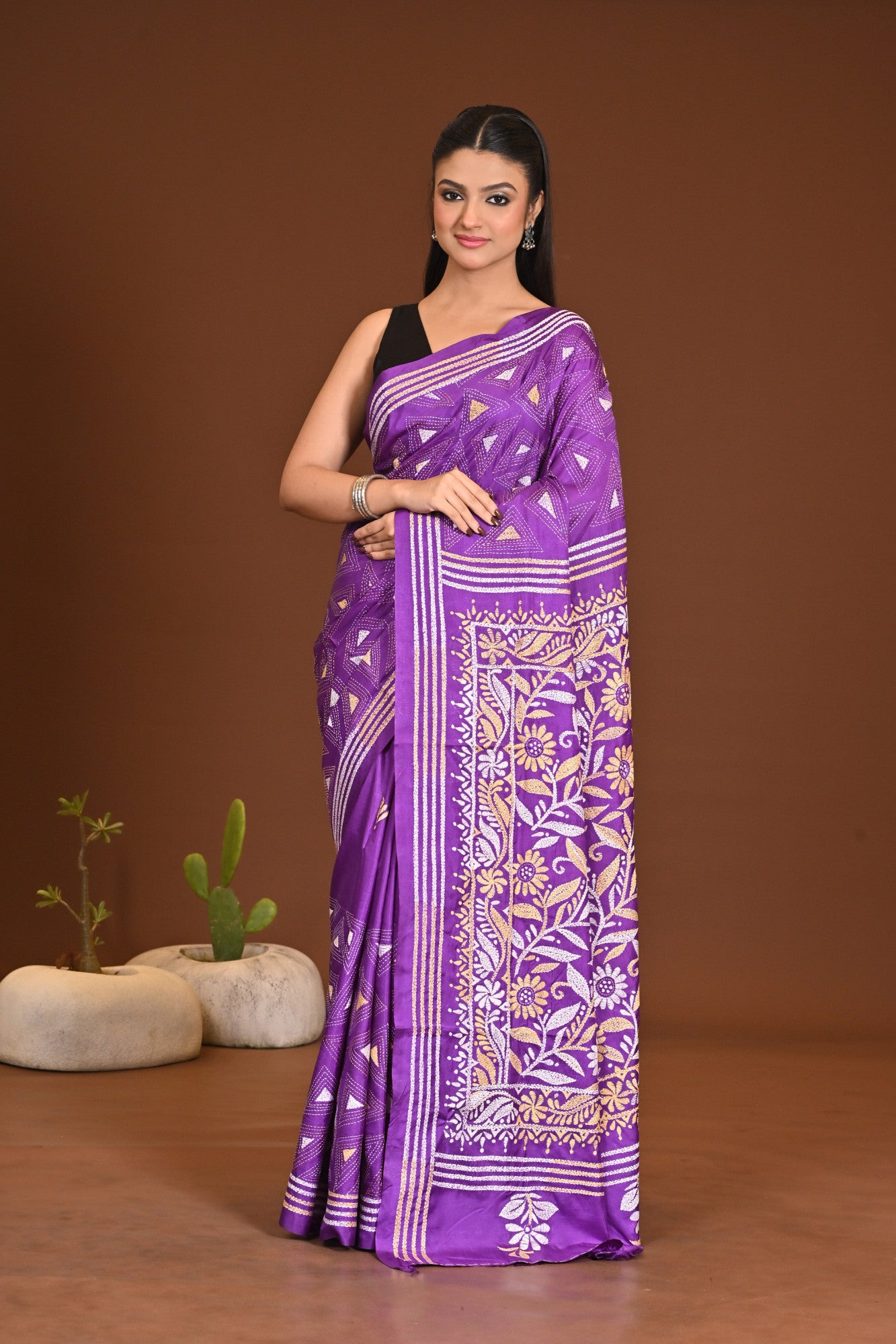 Blended Silk Kantha Stitch Saree Purple