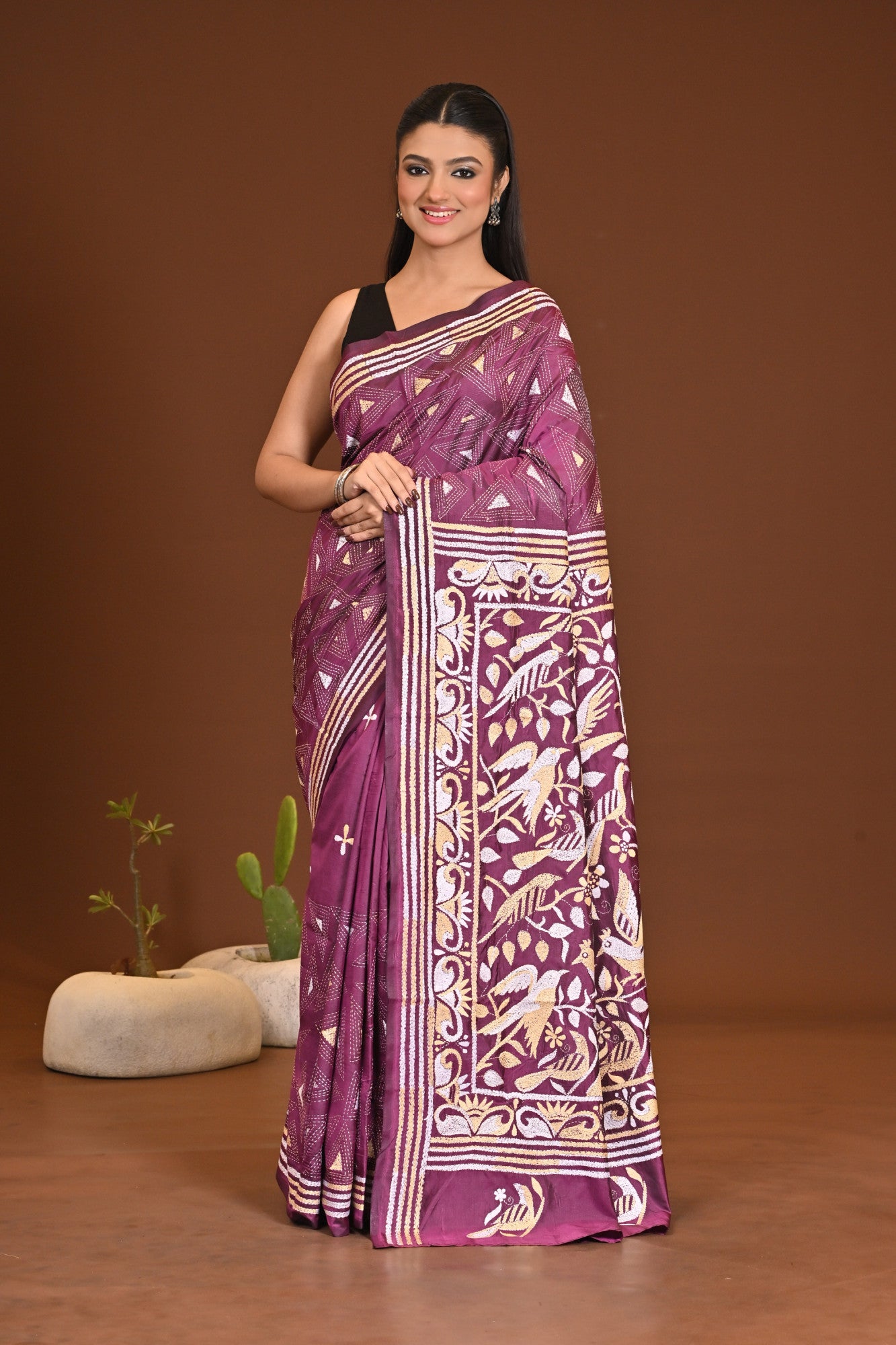 Blended Silk Kantha Stitch Saree Purple