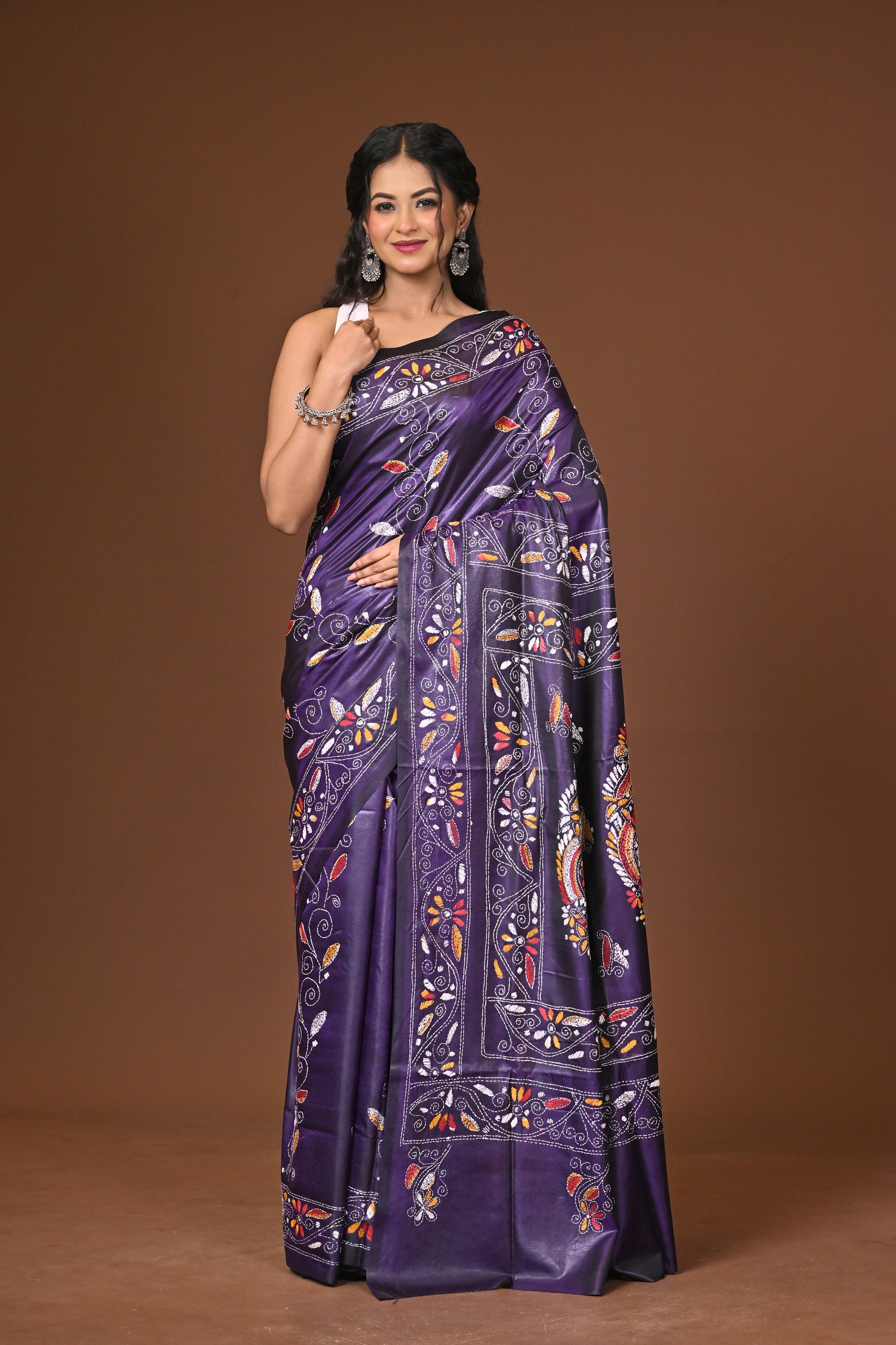 Blended Silk Kantha Stitch Saree Purple Thumbnail