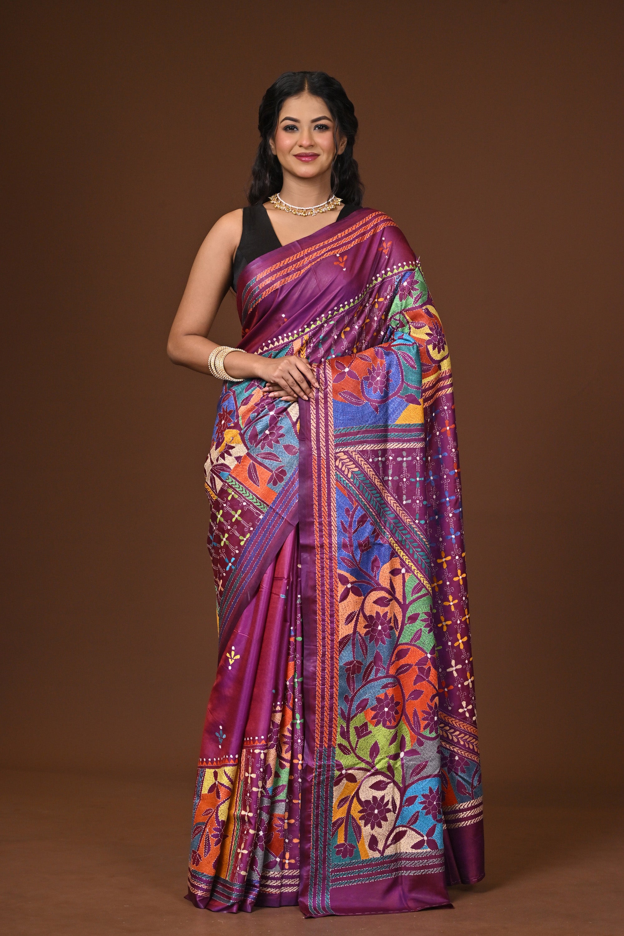 Blended Silk Kantha Stitch Saree Purple