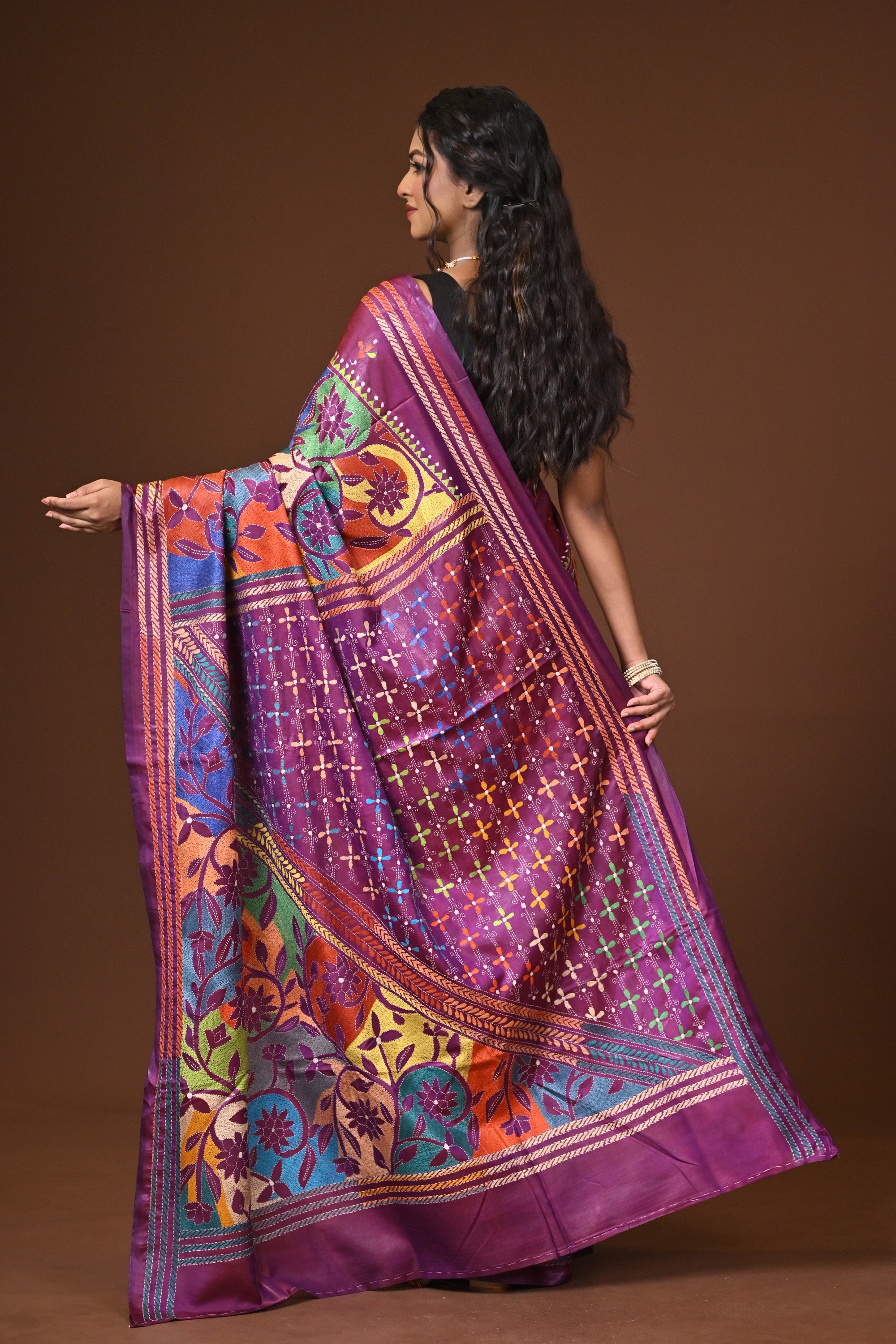 Blended Silk Kantha Stitch Saree Purple Thumbnail