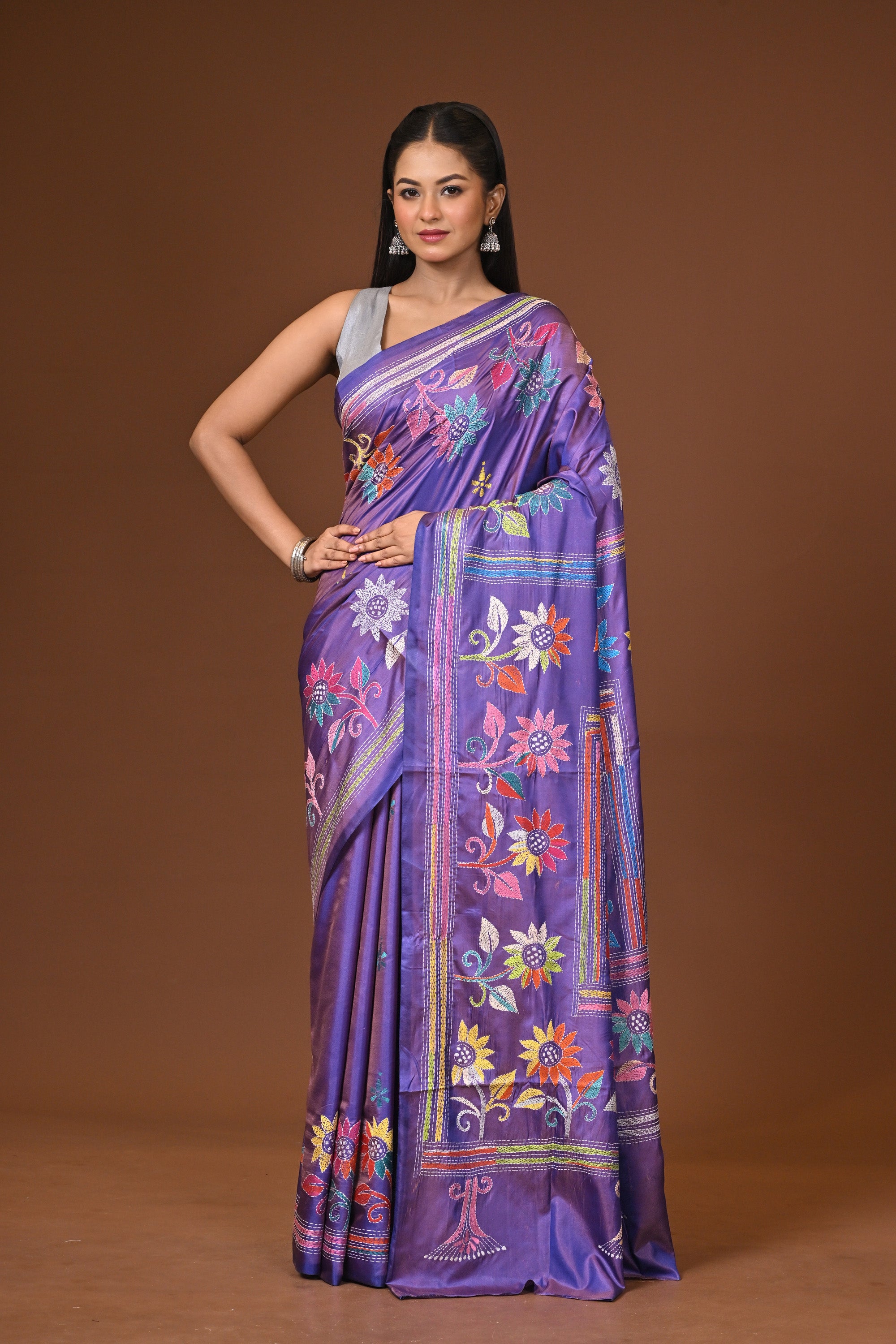 Blended Silk Kantha Stitch Saree Purple Thumbnail