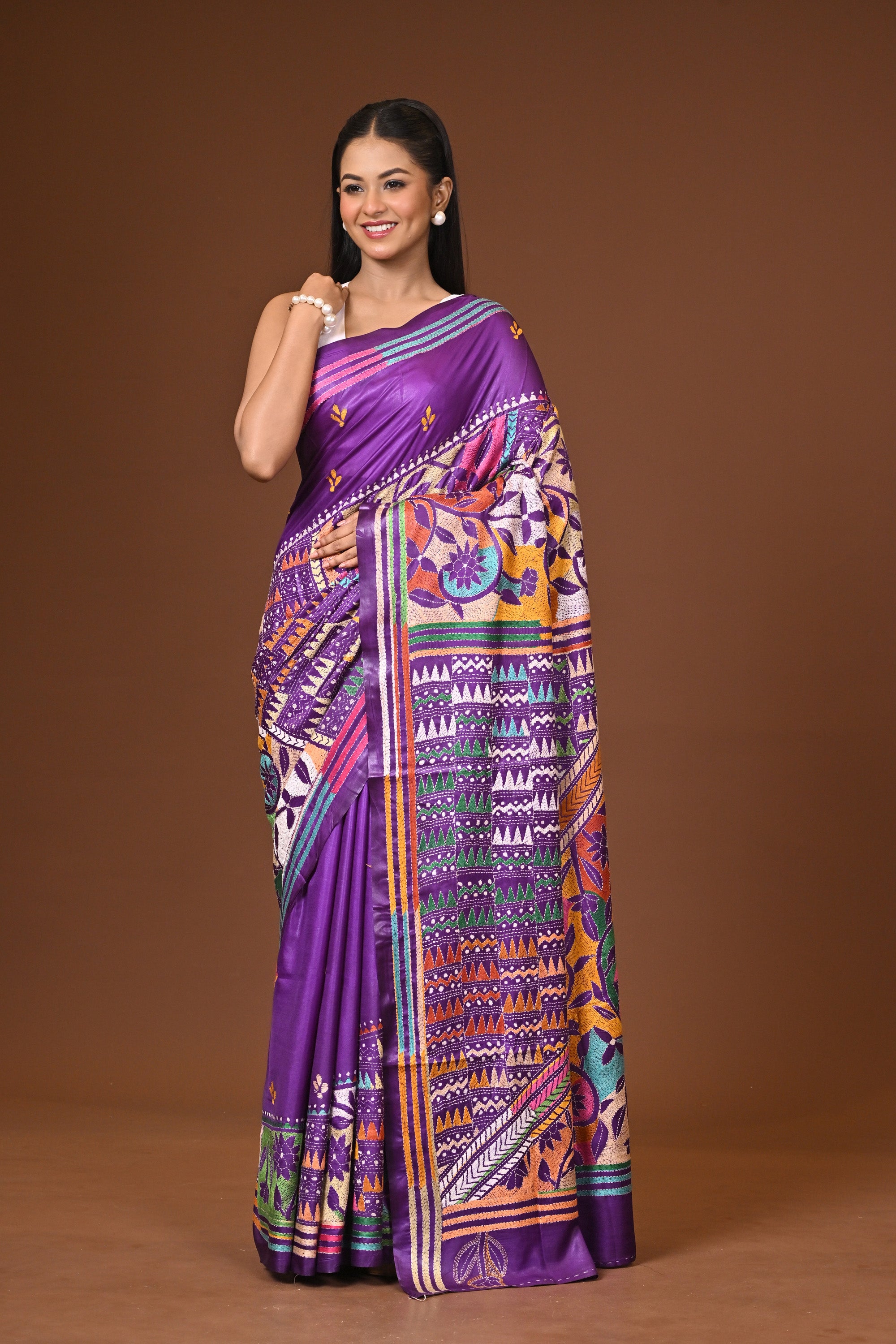 Blended Silk Kantha Stitch Saree Purple Thumbnail