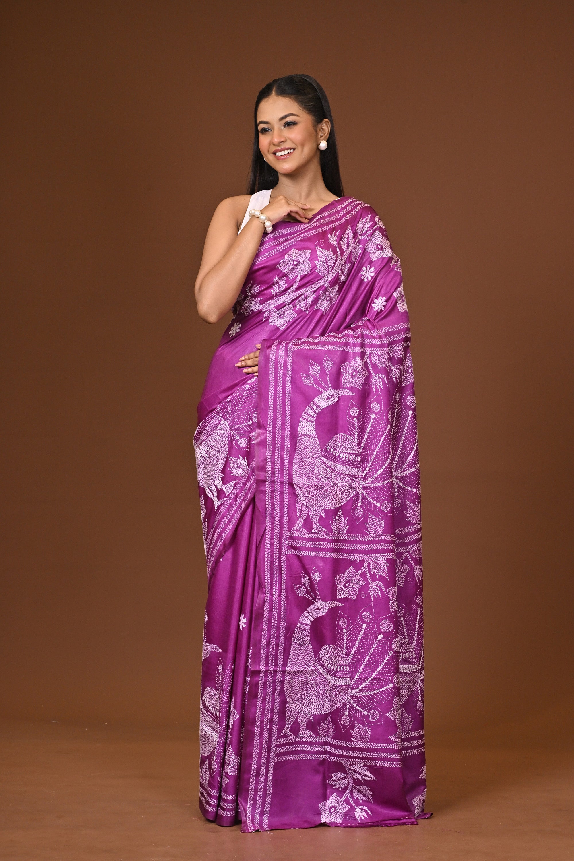 Blended Silk Kantha Stitch Saree Purple Thumbnail