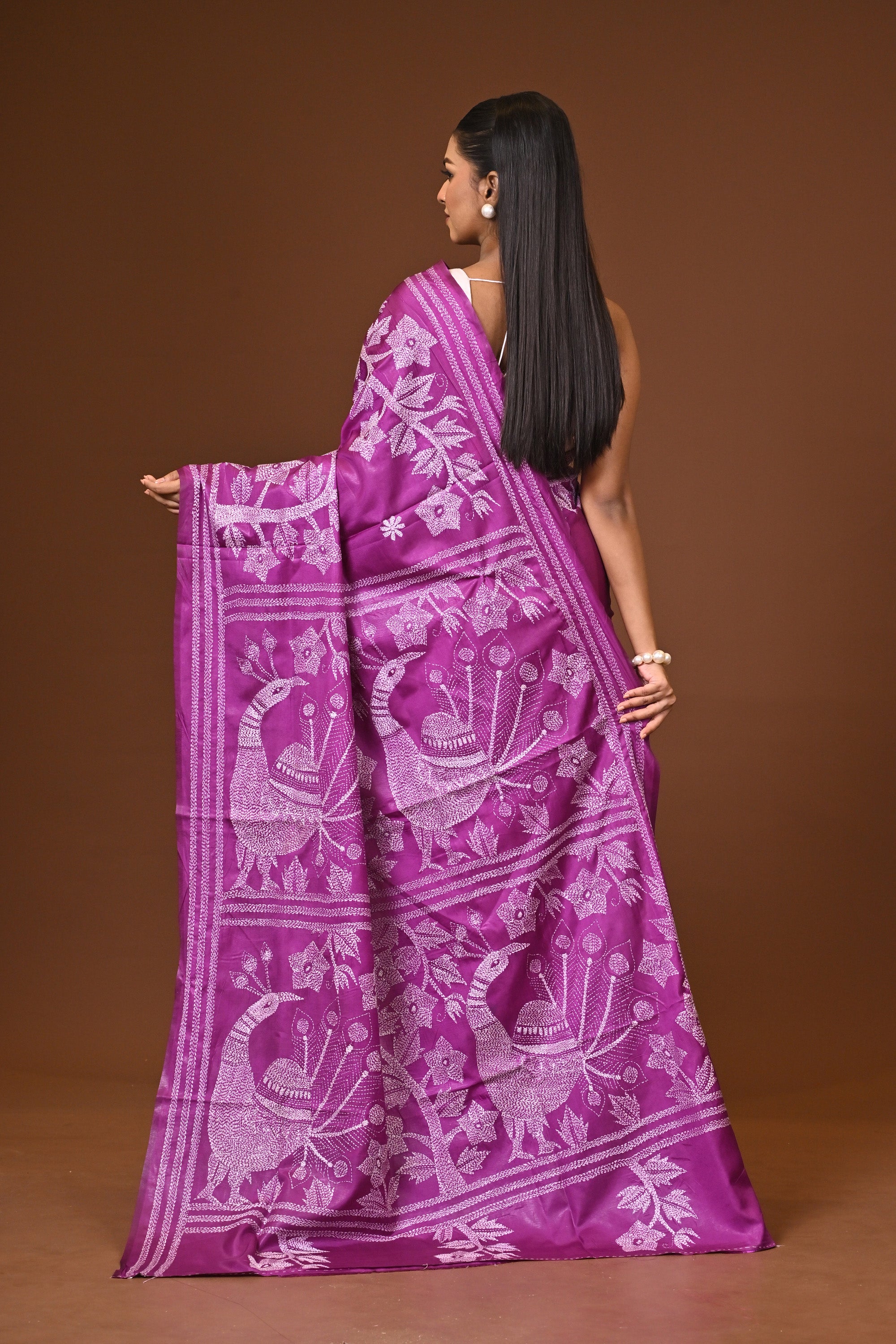 Blended Silk Kantha Stitch Saree Purple Thumbnail