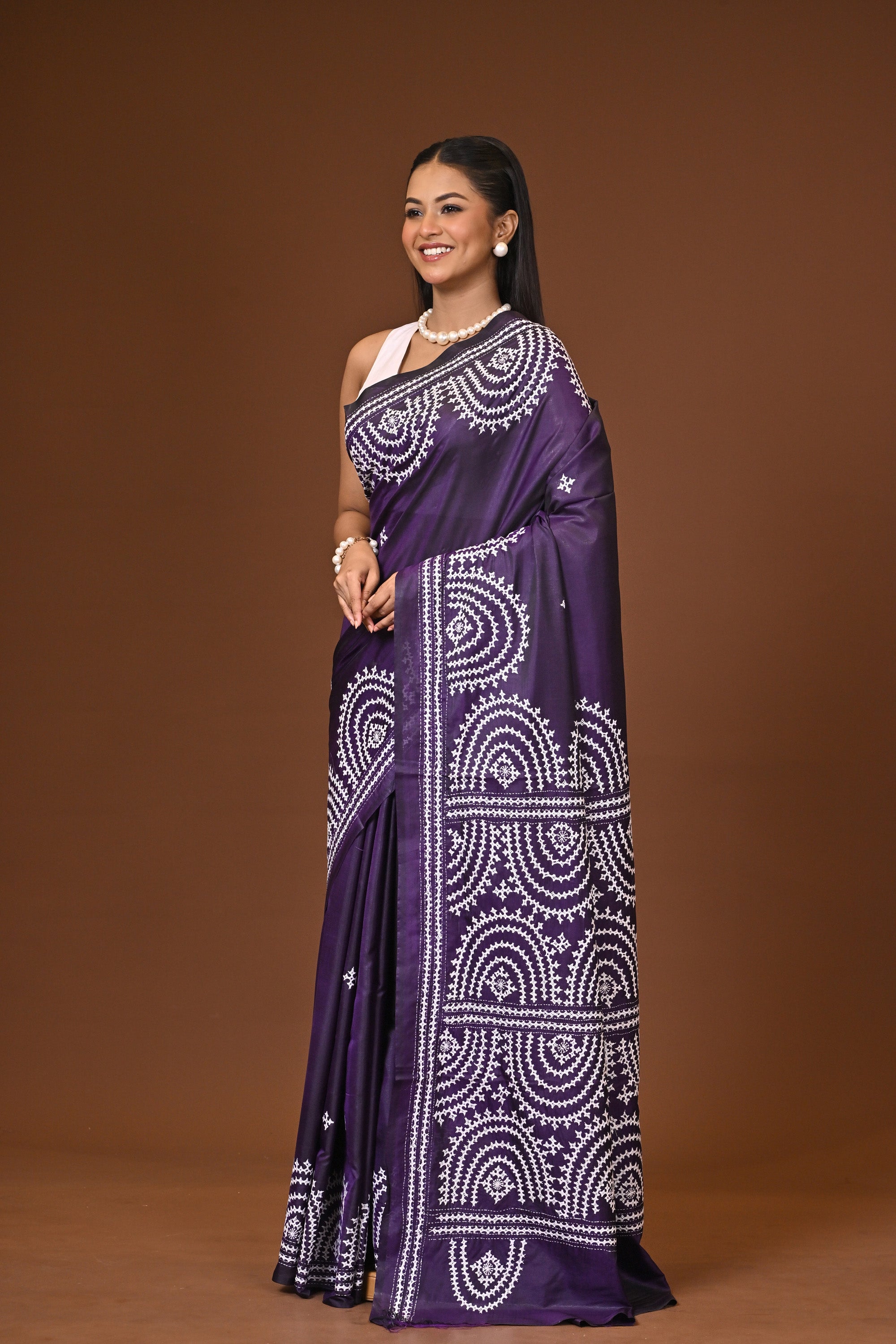 Blended Silk Kantha Stitch Saree Purple Thumbnail