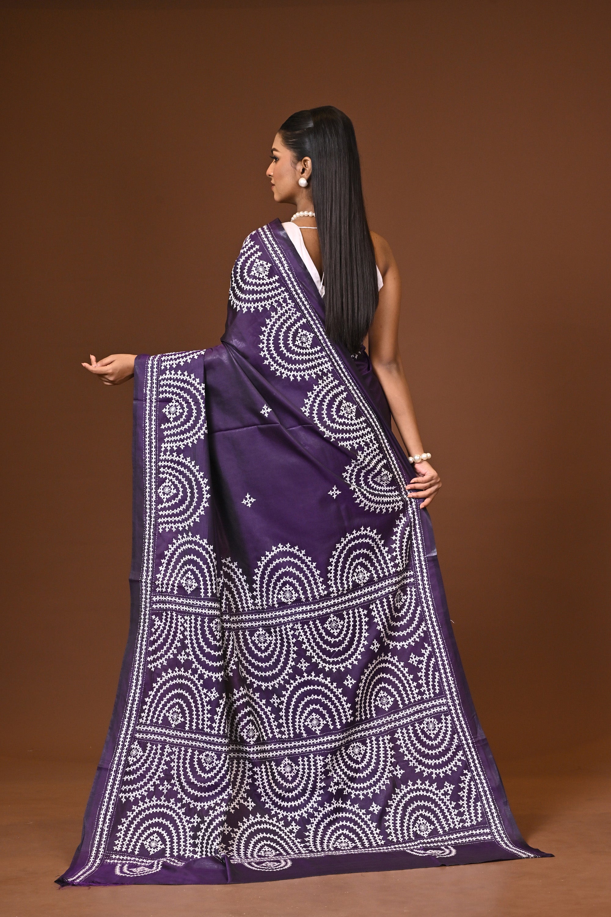Blended Silk Kantha Stitch Saree Purple Thumbnail