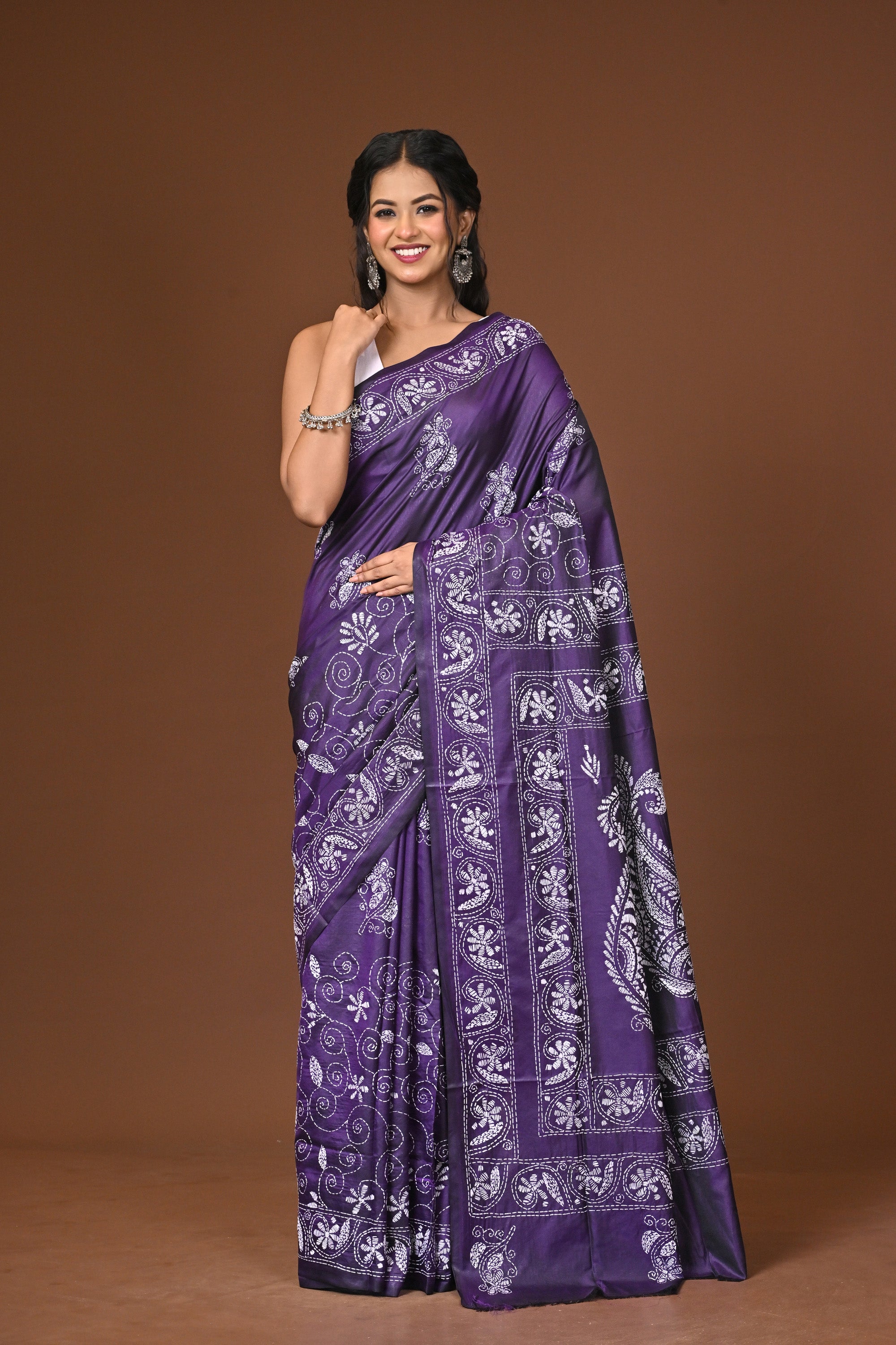 Blended Silk Kantha Stitch Saree Purple Thumbnail