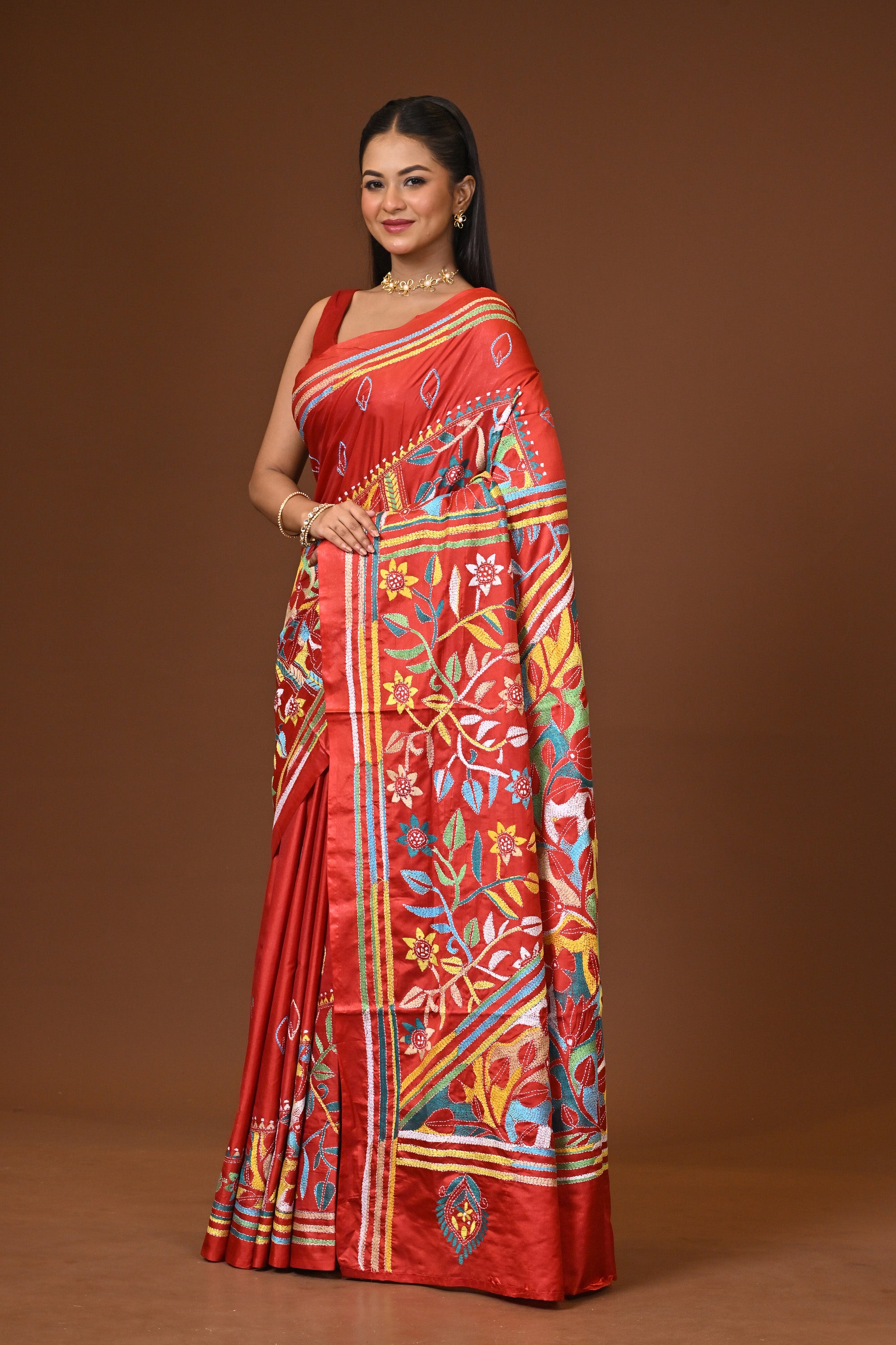 Blended Silk Kantha Stitch Saree Red Thumbnail