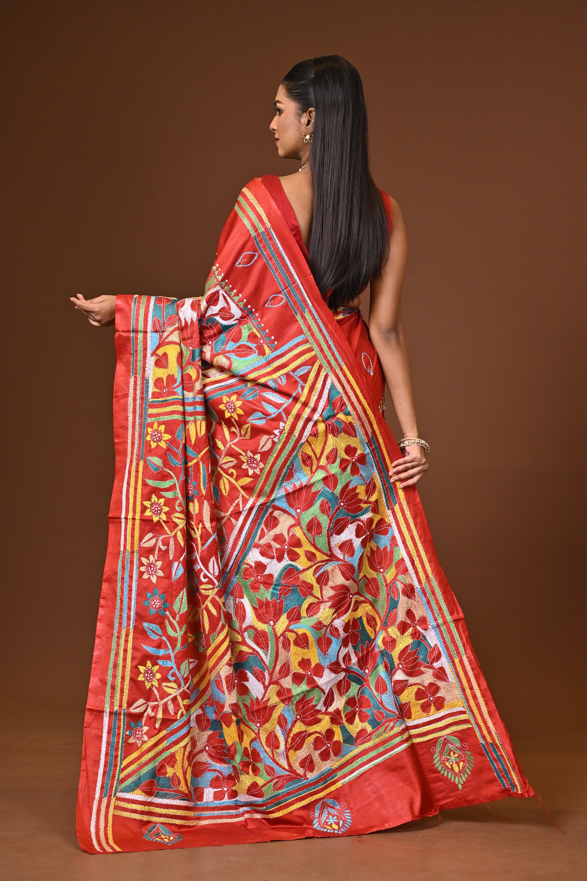 Blended Silk Kantha Stitch Saree Red Thumbnail
