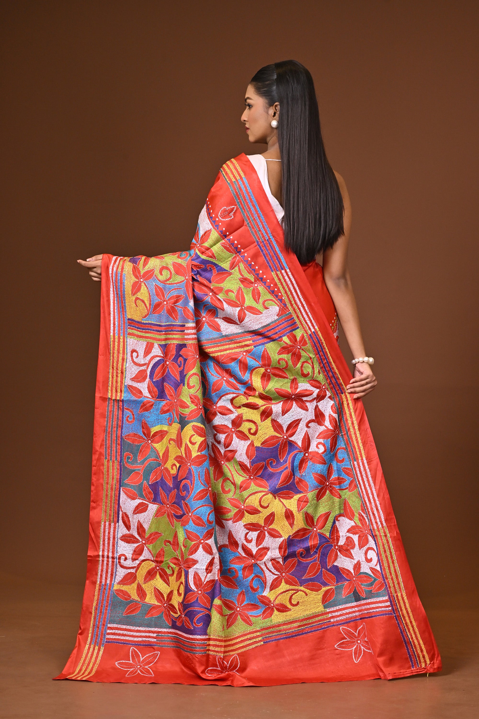 Blended Silk Kantha Stitch Saree Red Thumbnail