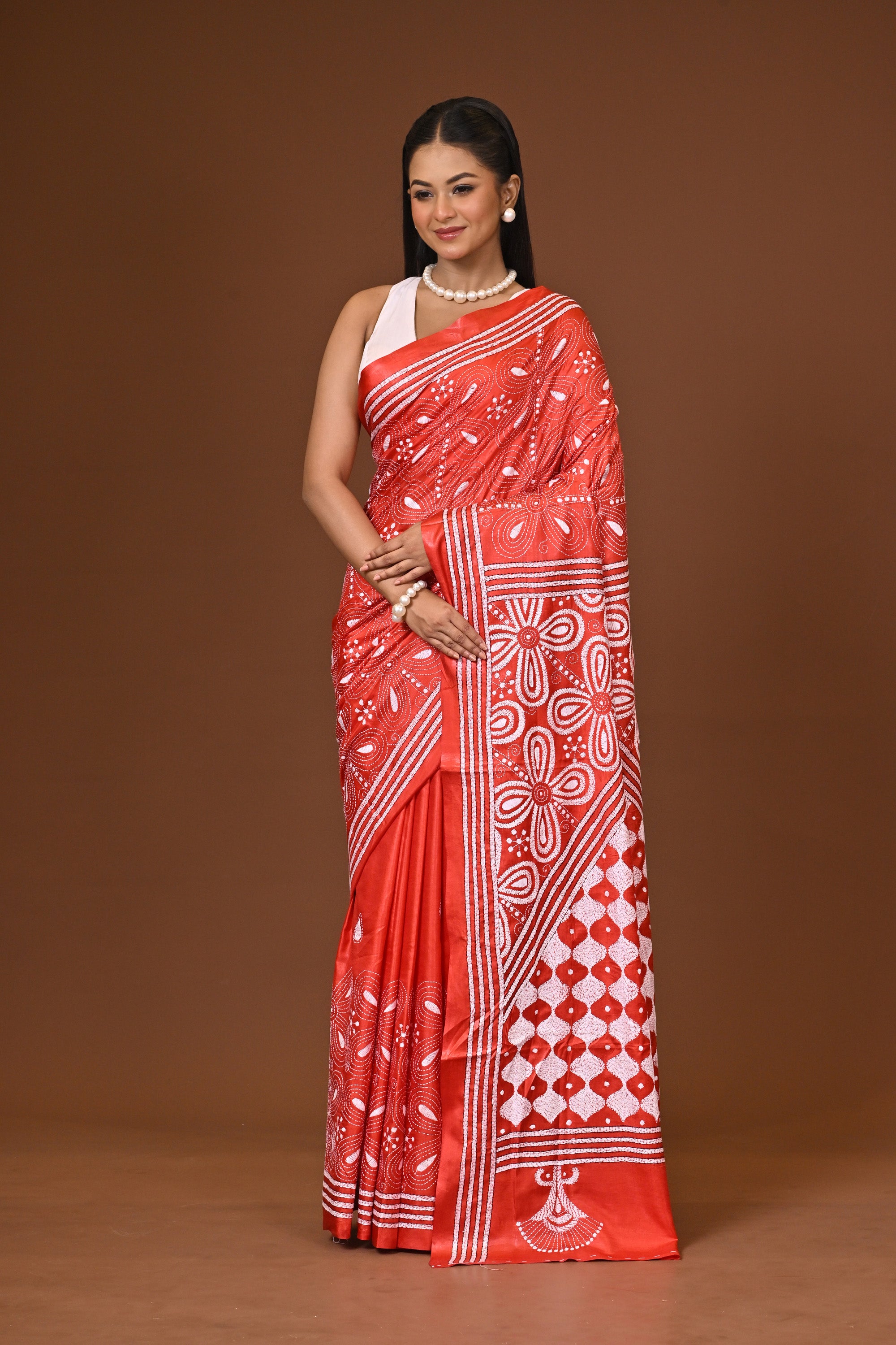 Blended Silk Kantha Stitch Saree Red Thumbnail