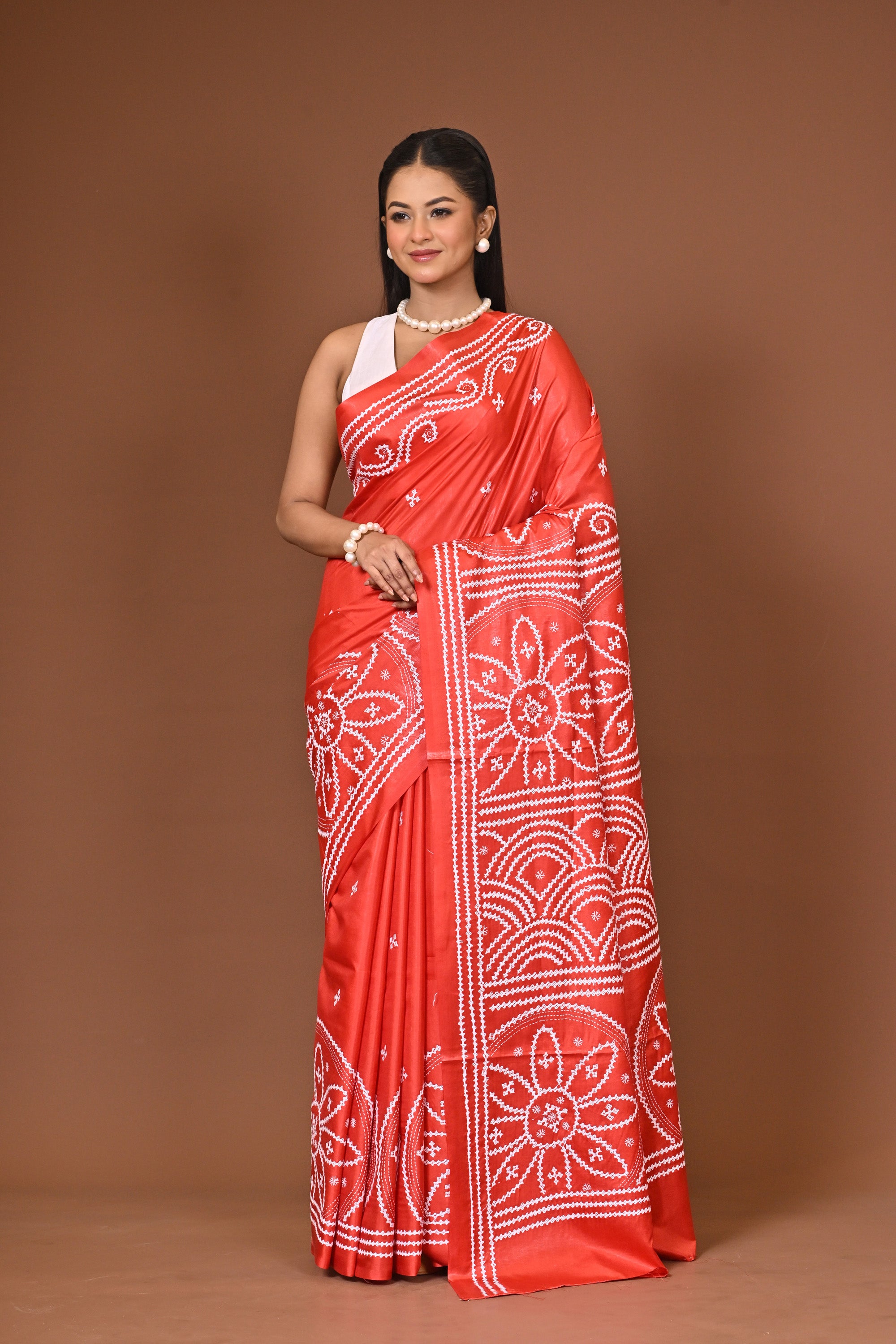 Blended Silk Kantha Stitch Saree Red Thumbnail