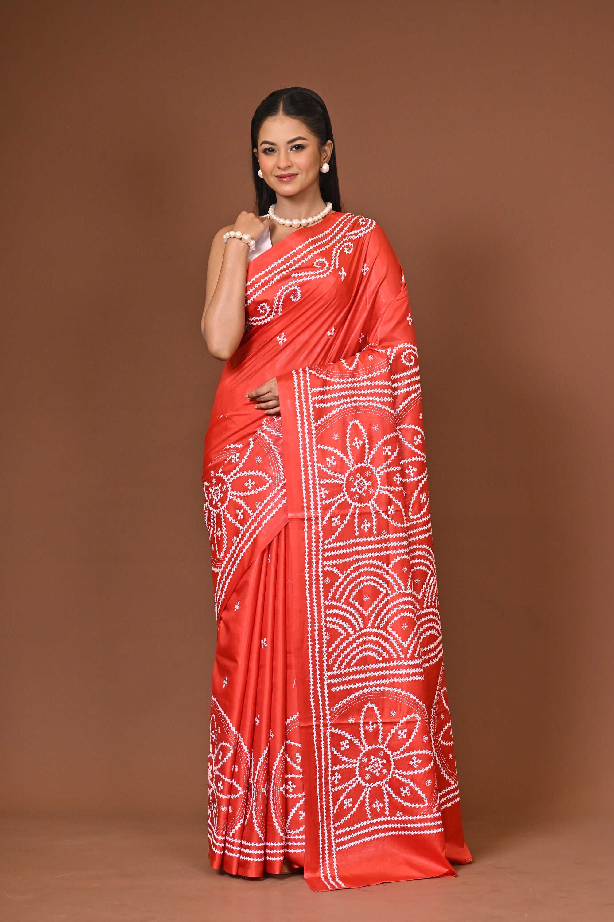 Blended Silk Kantha Stitch Saree Red Thumbnail