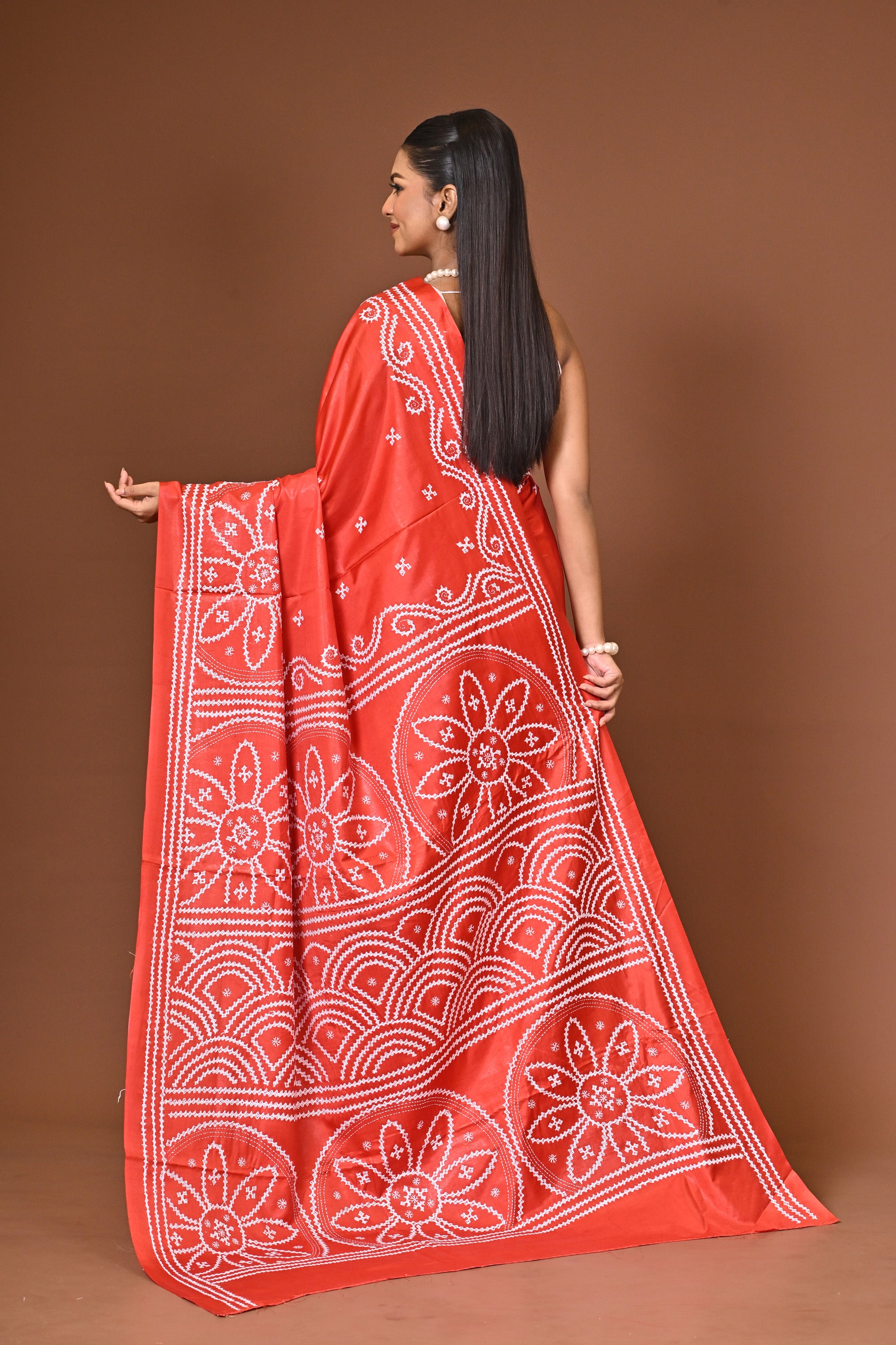 Blended Silk Kantha Stitch Saree Red Thumbnail