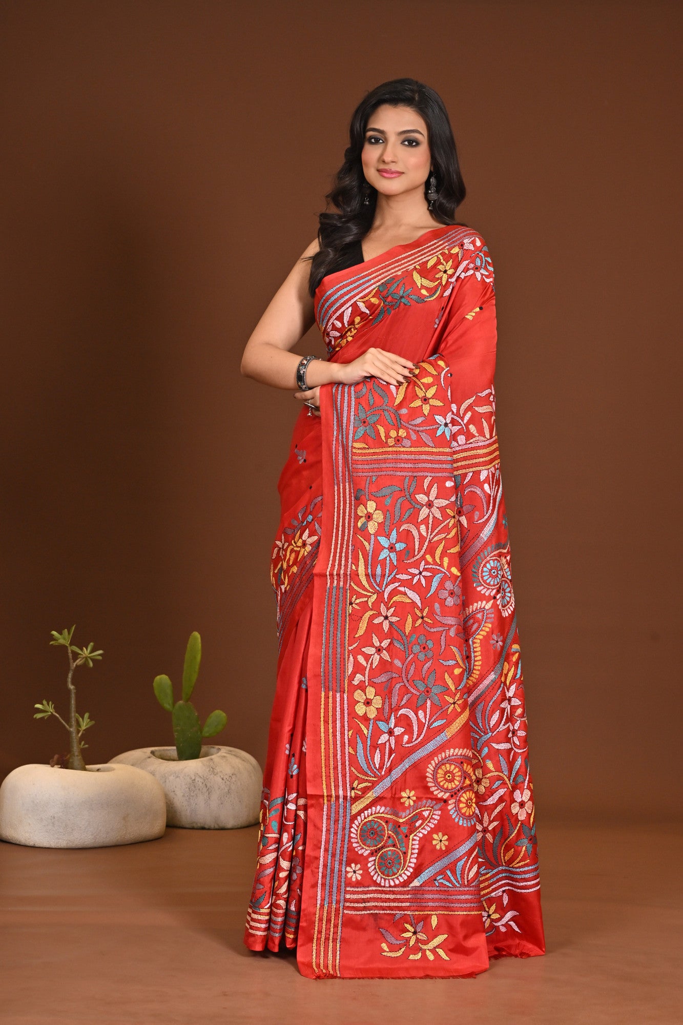 Blended Silk Kantha Stitch Saree Red