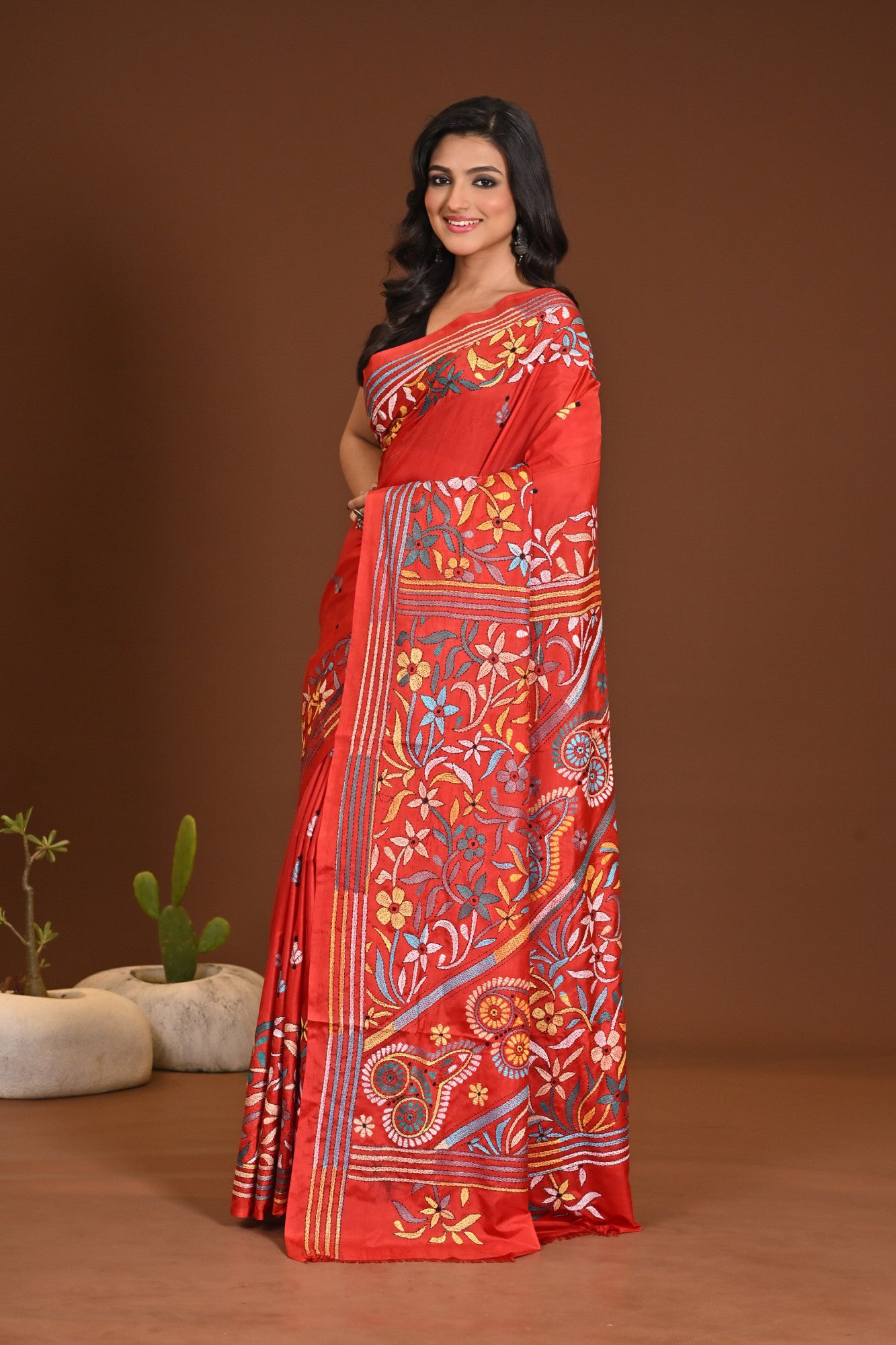 Blended Silk Kantha Stitch Saree Red Thumbnail