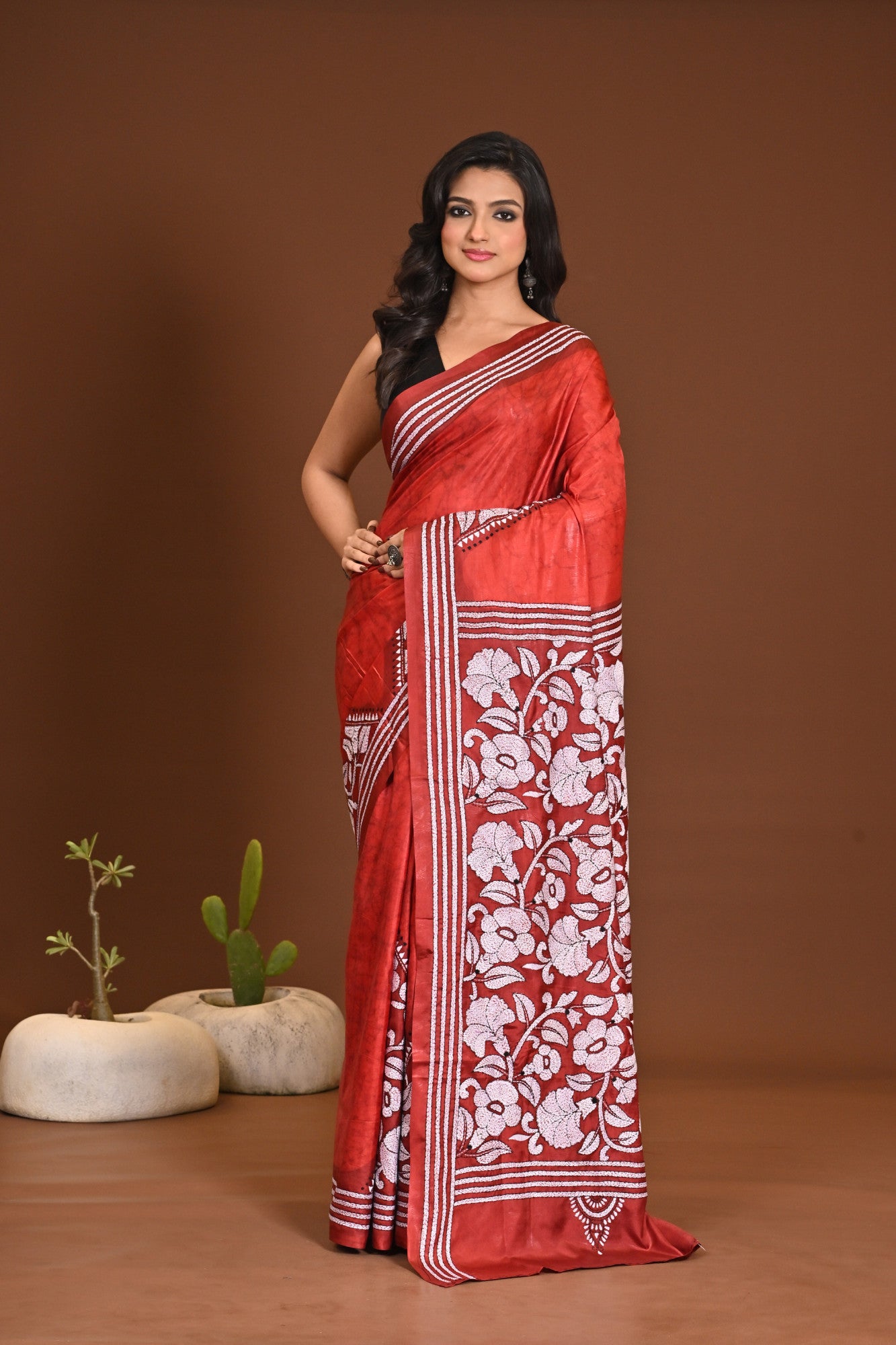 Blended Silk Kantha Stitch Saree Red Thumbnail