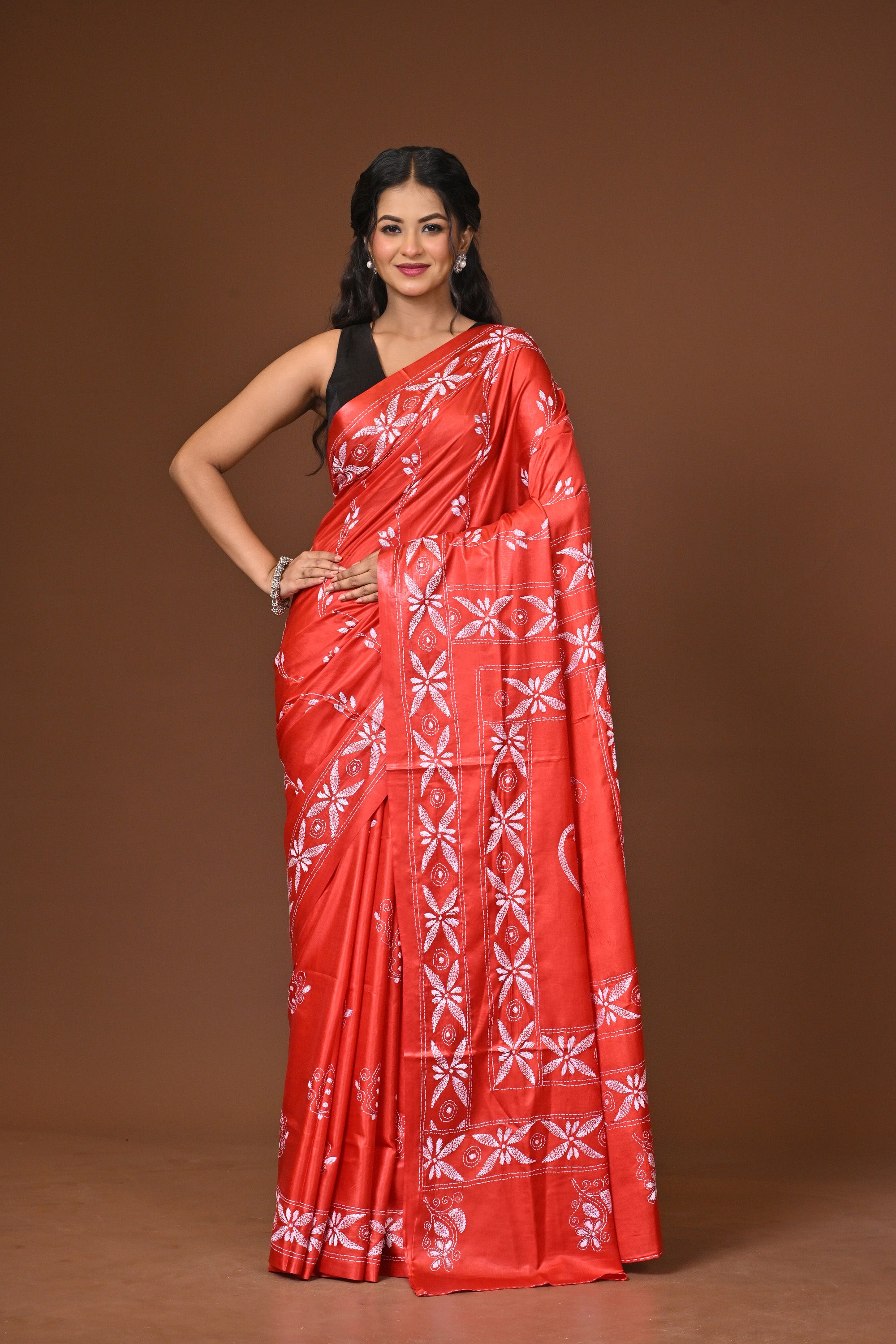 Blended Silk Kantha Stitch Saree Red Thumbnail