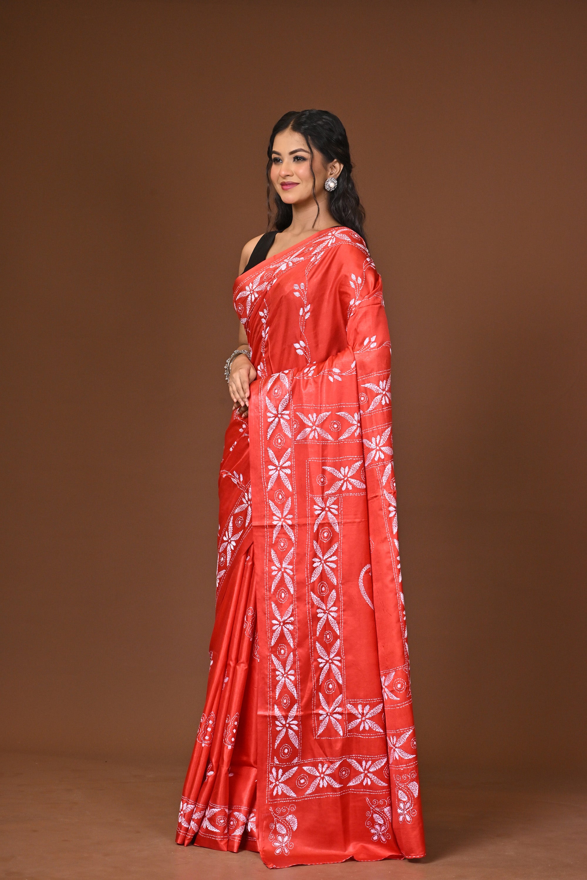 Blended Silk Kantha Stitch Saree Red Thumbnail