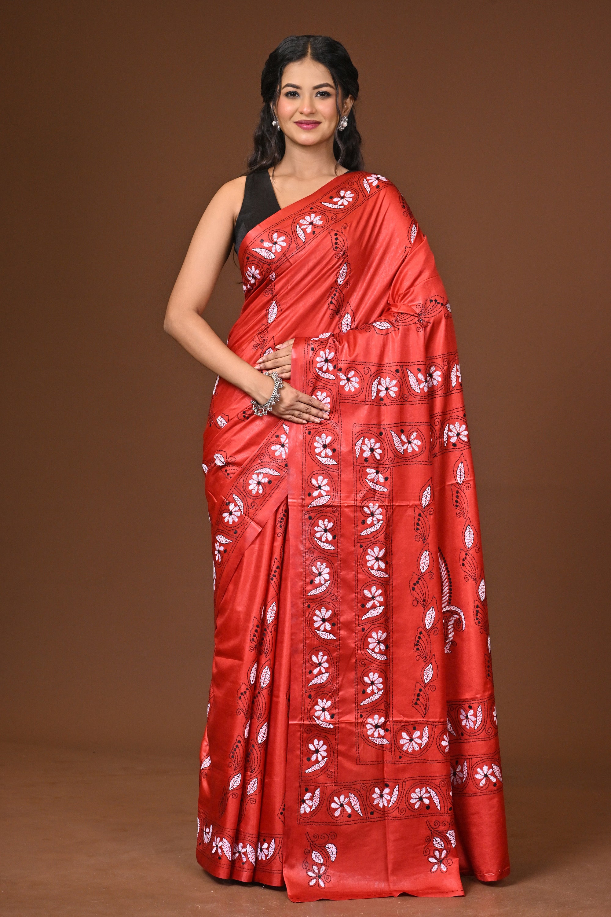 Blended Silk Kantha Stitch Saree Red