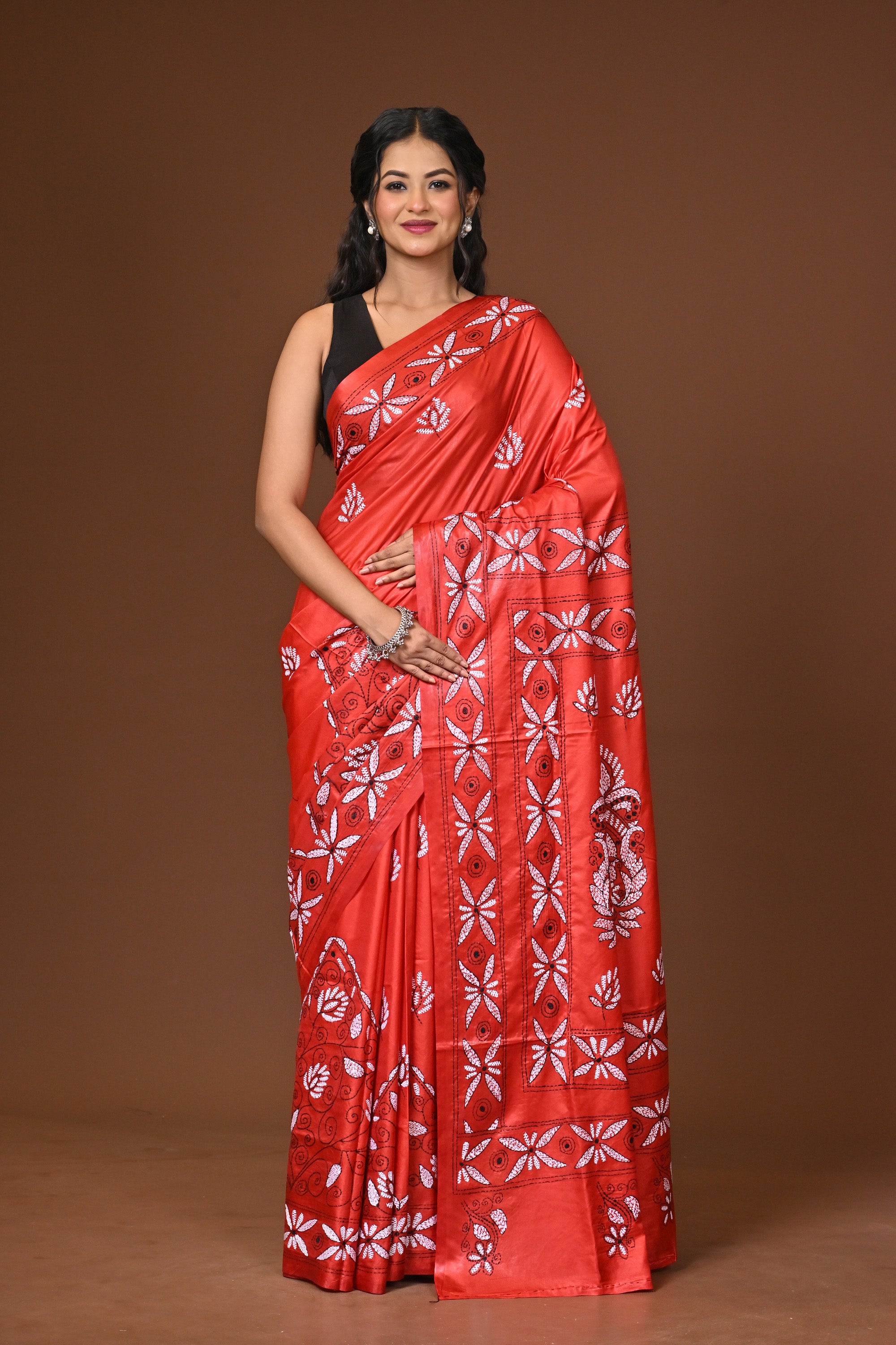 Blended Silk Kantha Stitch Saree Red