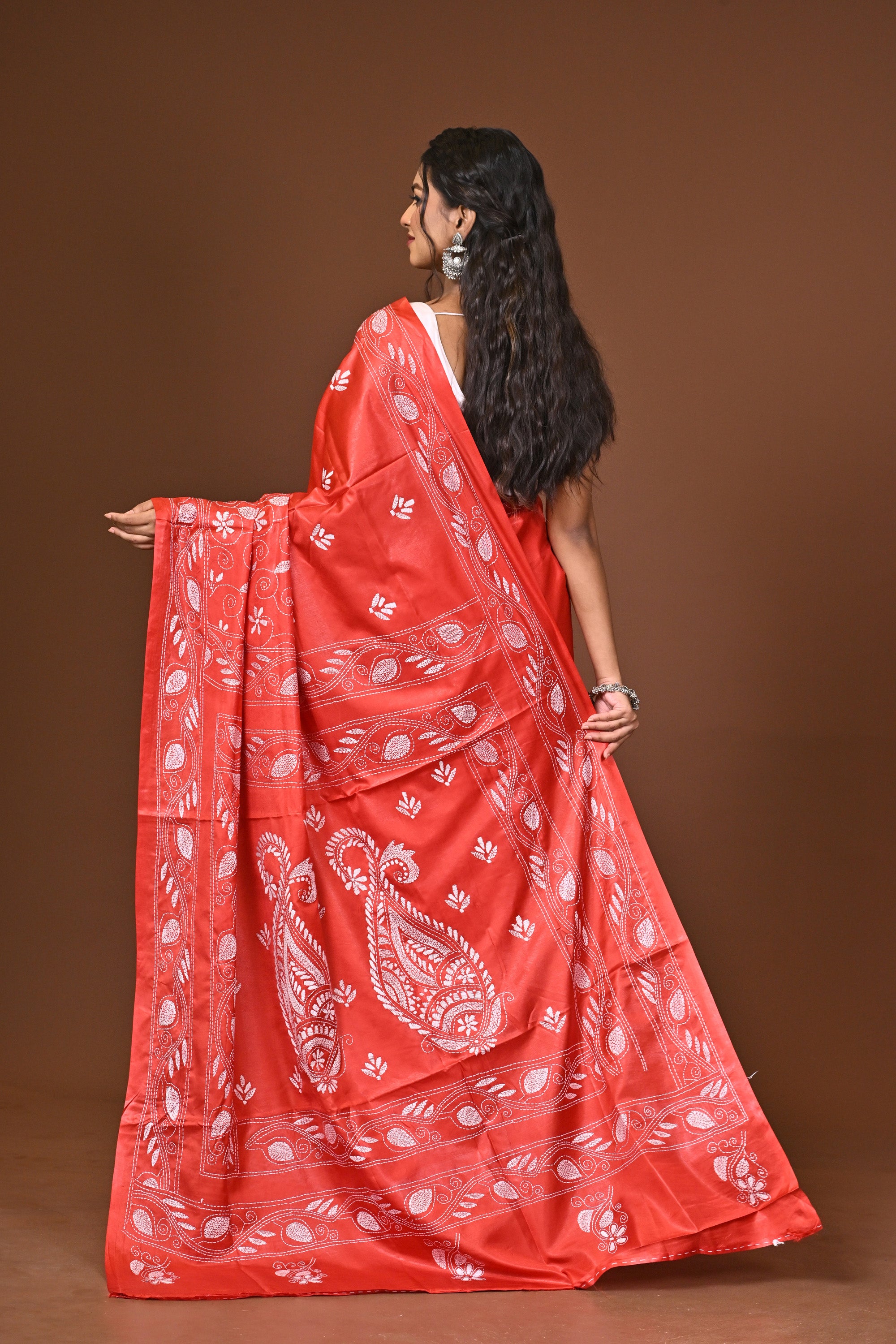 Blended Silk Kantha Stitch Saree Red Thumbnail